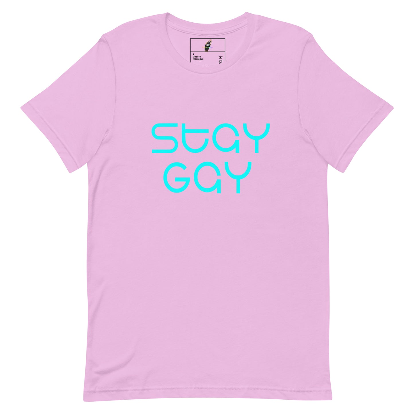 A light pink short-sleeve crewneck t-shirt with the words 'STAY GAY' printed in a bright cyan outline font across the chest, displayed on a clean white background.