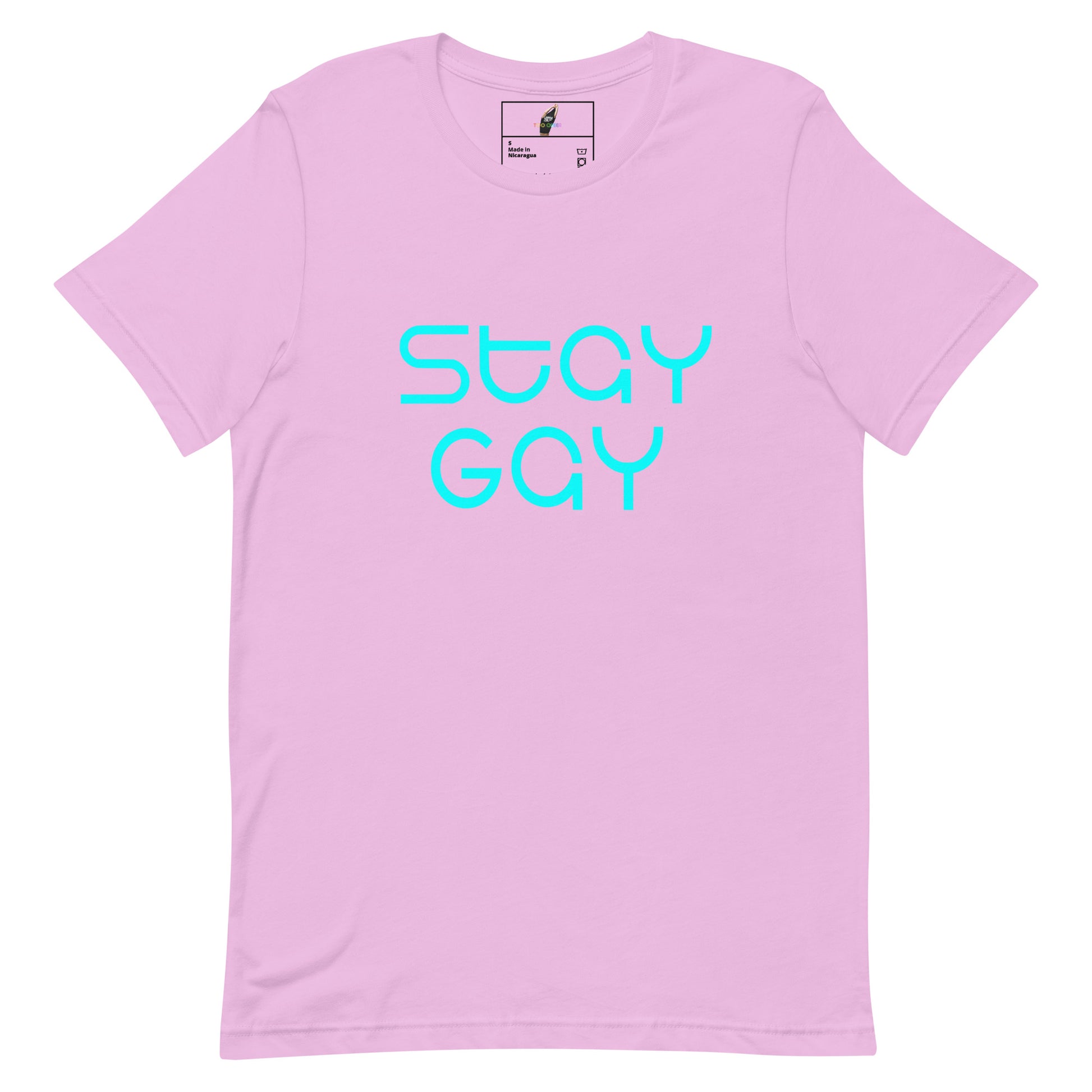 A light pink short-sleeve crewneck t-shirt with the words 'STAY GAY' printed in a bright cyan outline font across the chest, displayed on a clean white background.