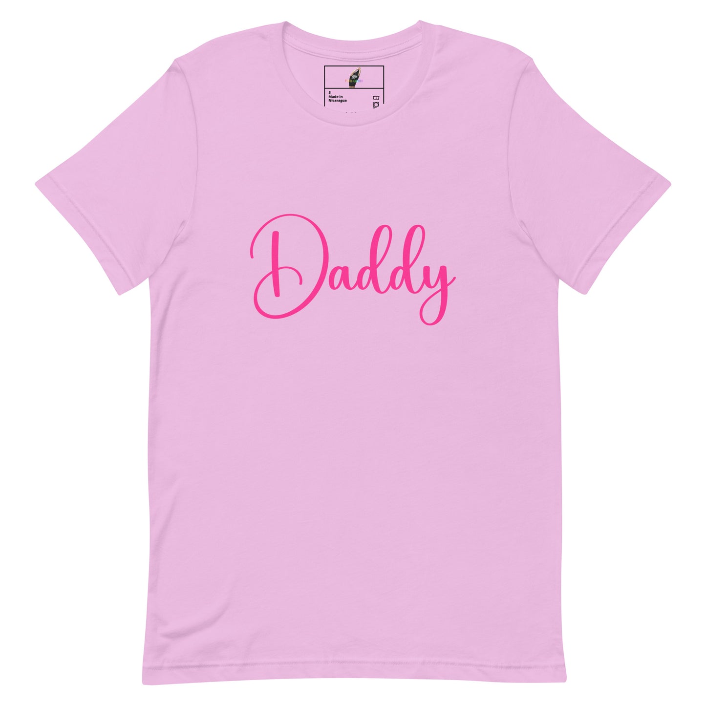 A light pink short-sleeve crewneck t-shirt with the word 'Daddy' printed across the chest in a bright pink cursive script font, shown on a plain white background.