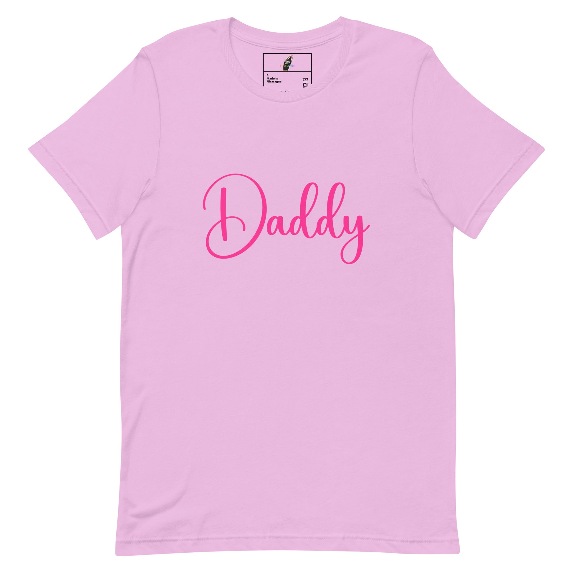 A light pink short-sleeve crewneck t-shirt with the word 'Daddy' printed across the chest in a bright pink cursive script font, shown on a plain white background.