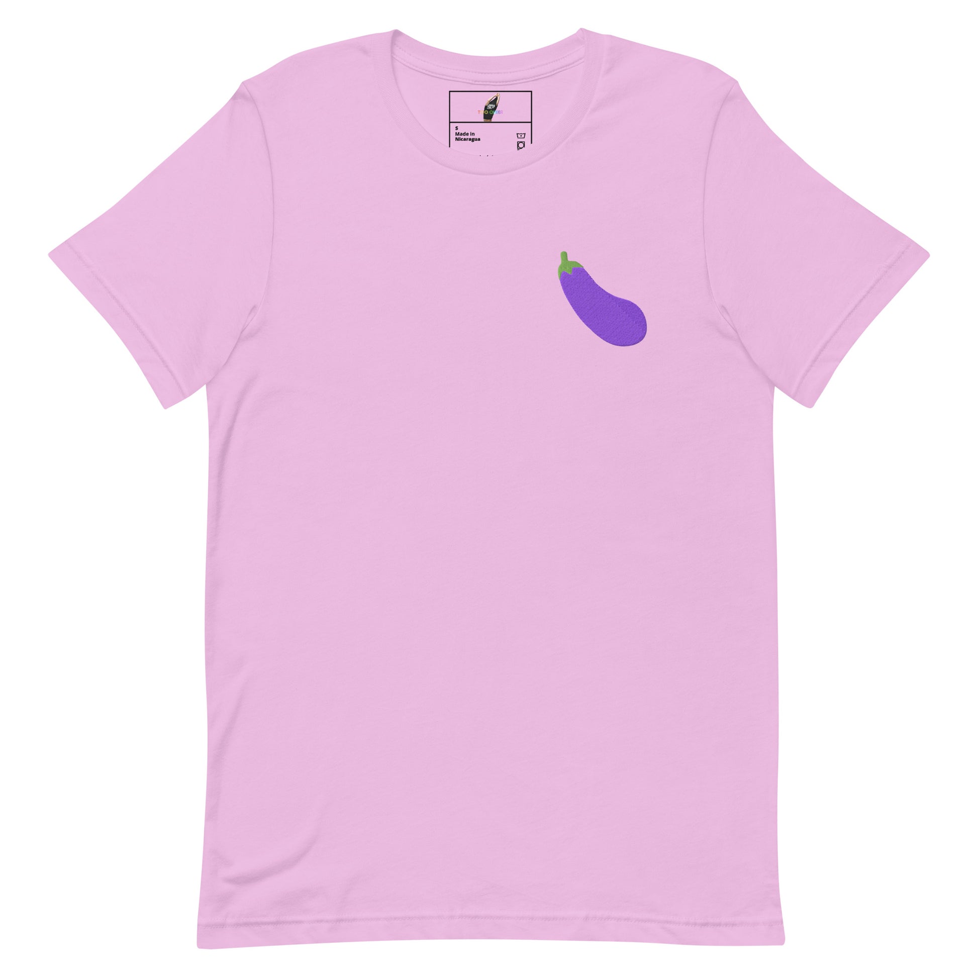 A light pink short-sleeve crewneck t-shirt featuring a small purple eggplant graphic on the left chest, displayed on a clean white background.