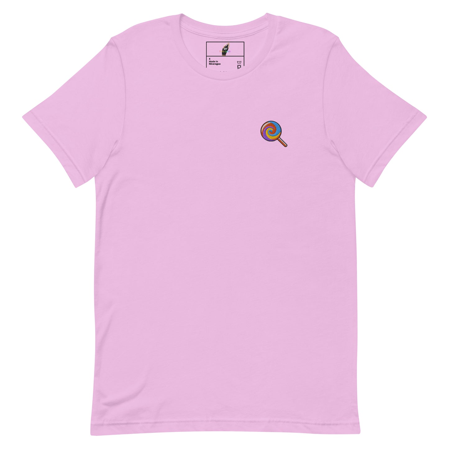 A light pink short-sleeve crewneck t-shirt with a small colorful circular graphic on the left chest, displayed flat against a solid white background.