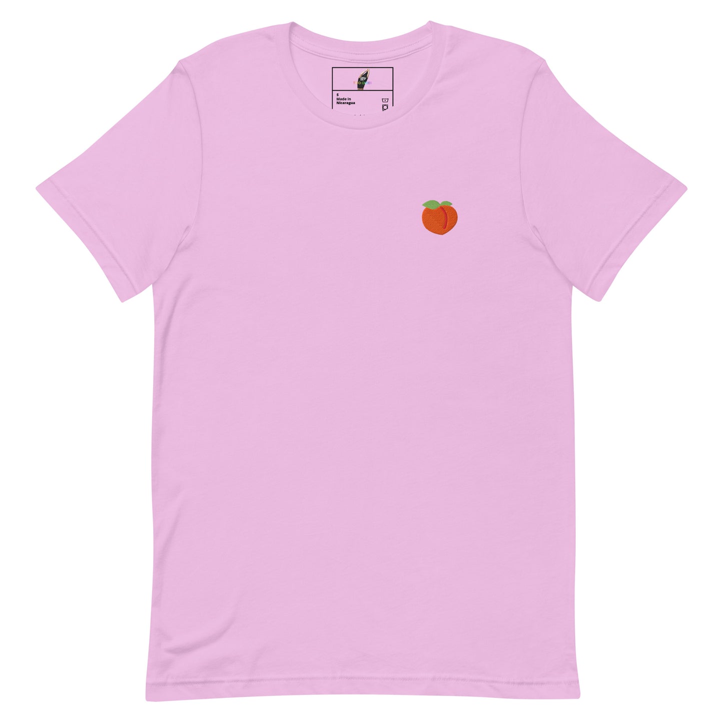 A light pink short-sleeve crewneck t-shirt with a small embroidered peach graphic on the left chest, displayed flat against a solid white background.