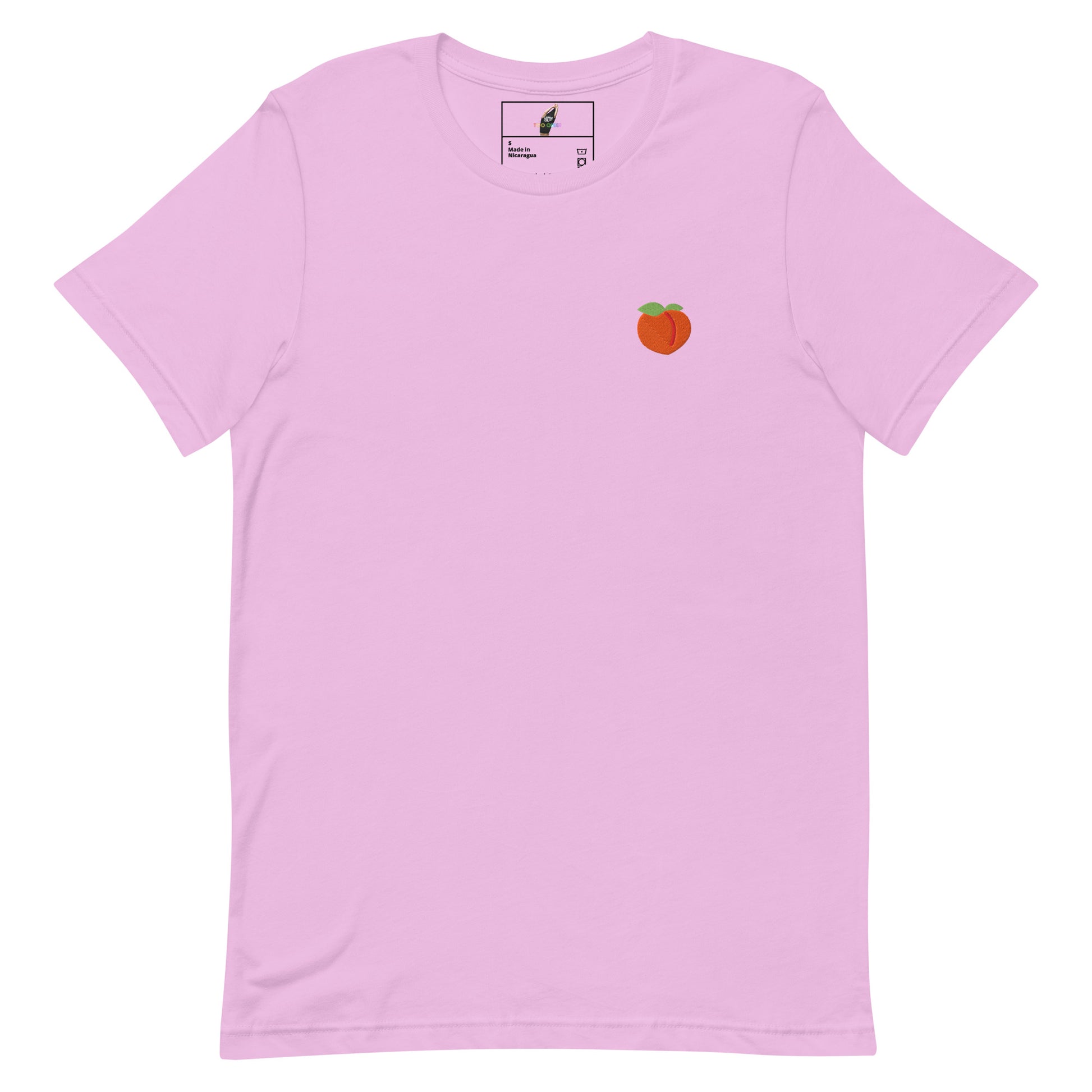 A light pink short-sleeve crewneck t-shirt with a small embroidered peach graphic on the left chest, displayed flat against a solid white background.