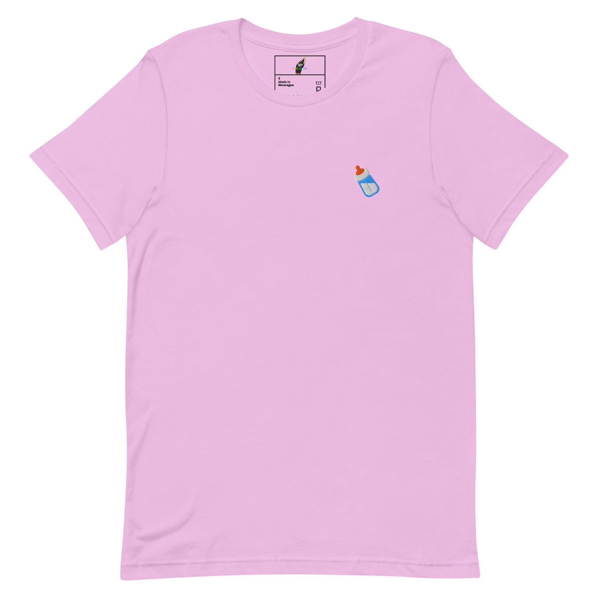A light pink short-sleeve crewneck t-shirt with a small graphic of a blue baby bottle with a red and orange nipple on the left chest, displayed on a clean white background.