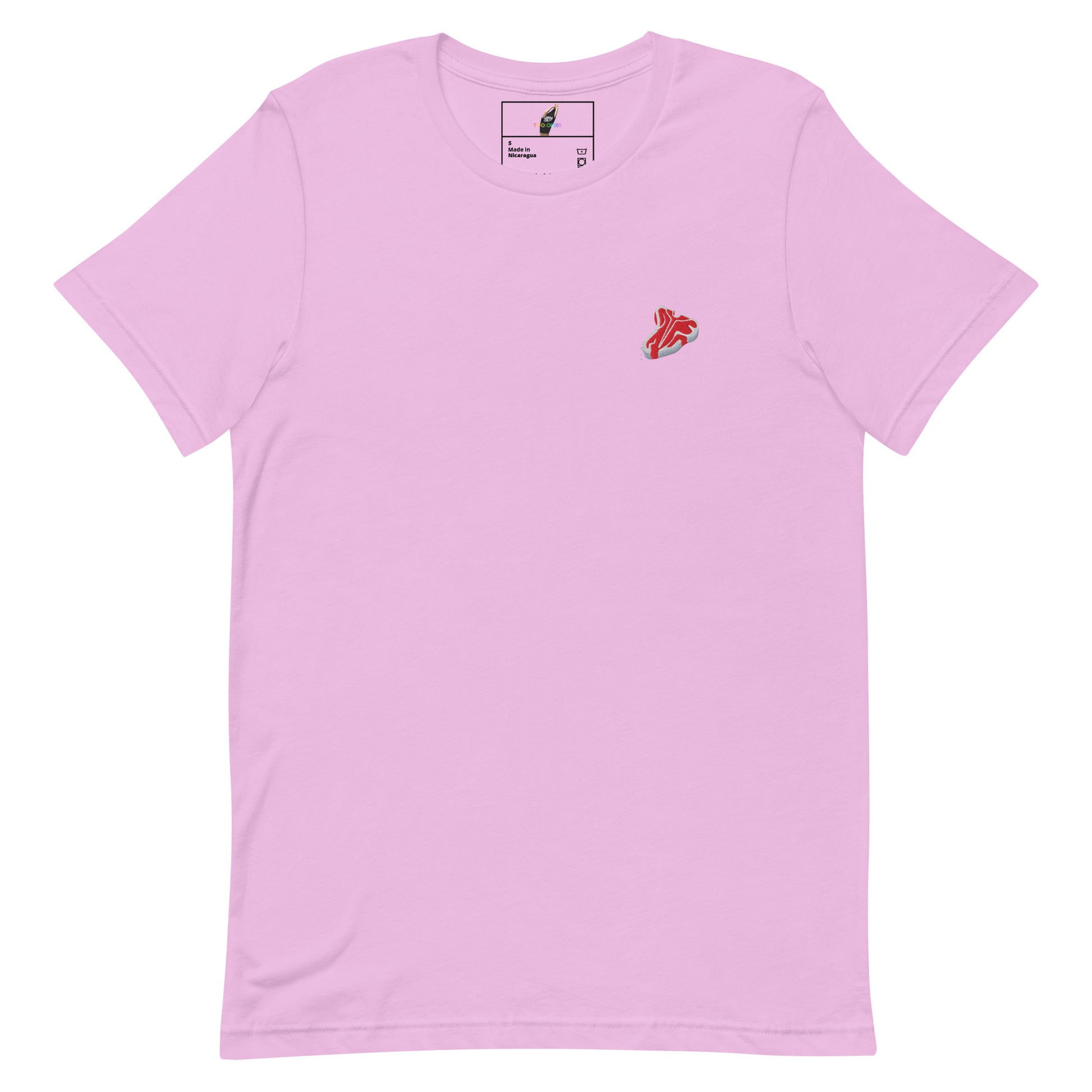 A light pink short-sleeve crewneck t-shirt with a small red and white graphic on the left chest, displayed flat against a white background.