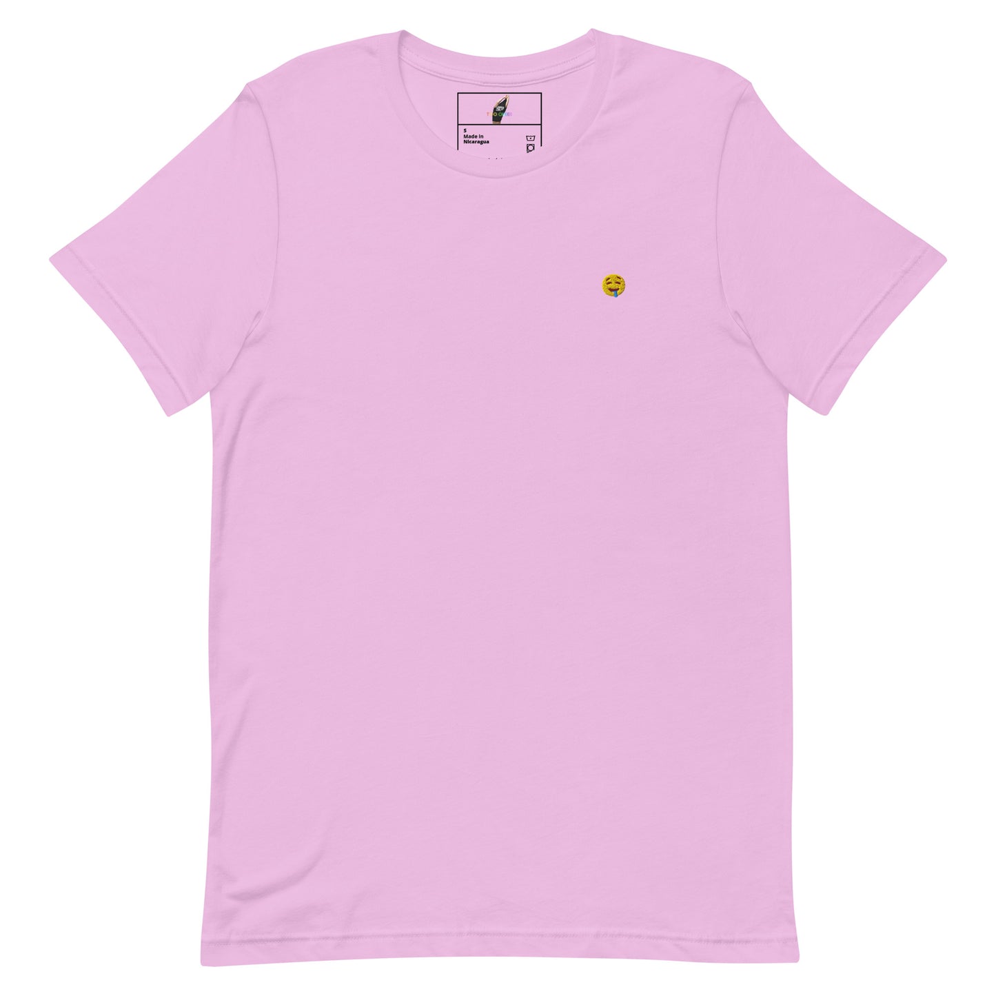 A light pink short-sleeve crewneck t-shirt with a small yellow smiley face graphic printed on the left chest, displayed flat against a solid white background.