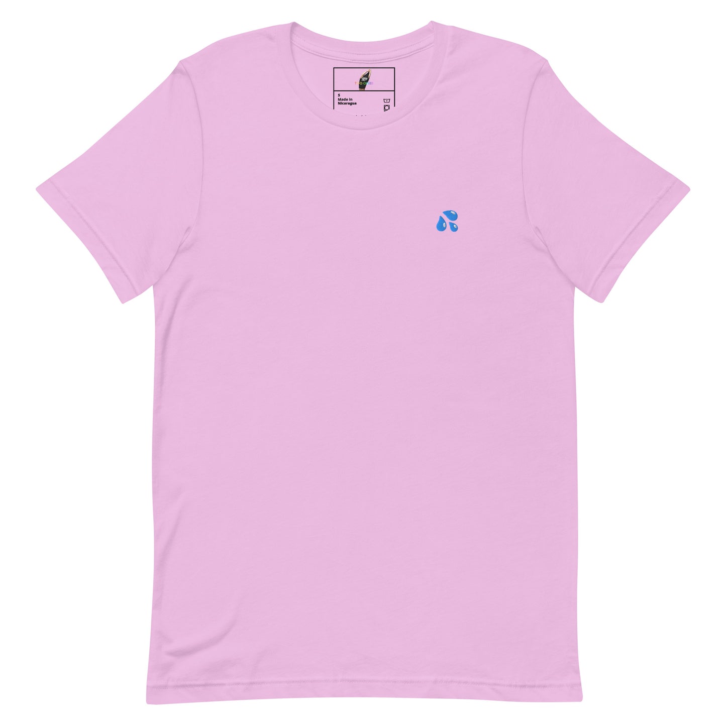 A light pink short-sleeve crewneck t-shirt with a small blue graphic on the left chest, displayed flat against a solid white background.