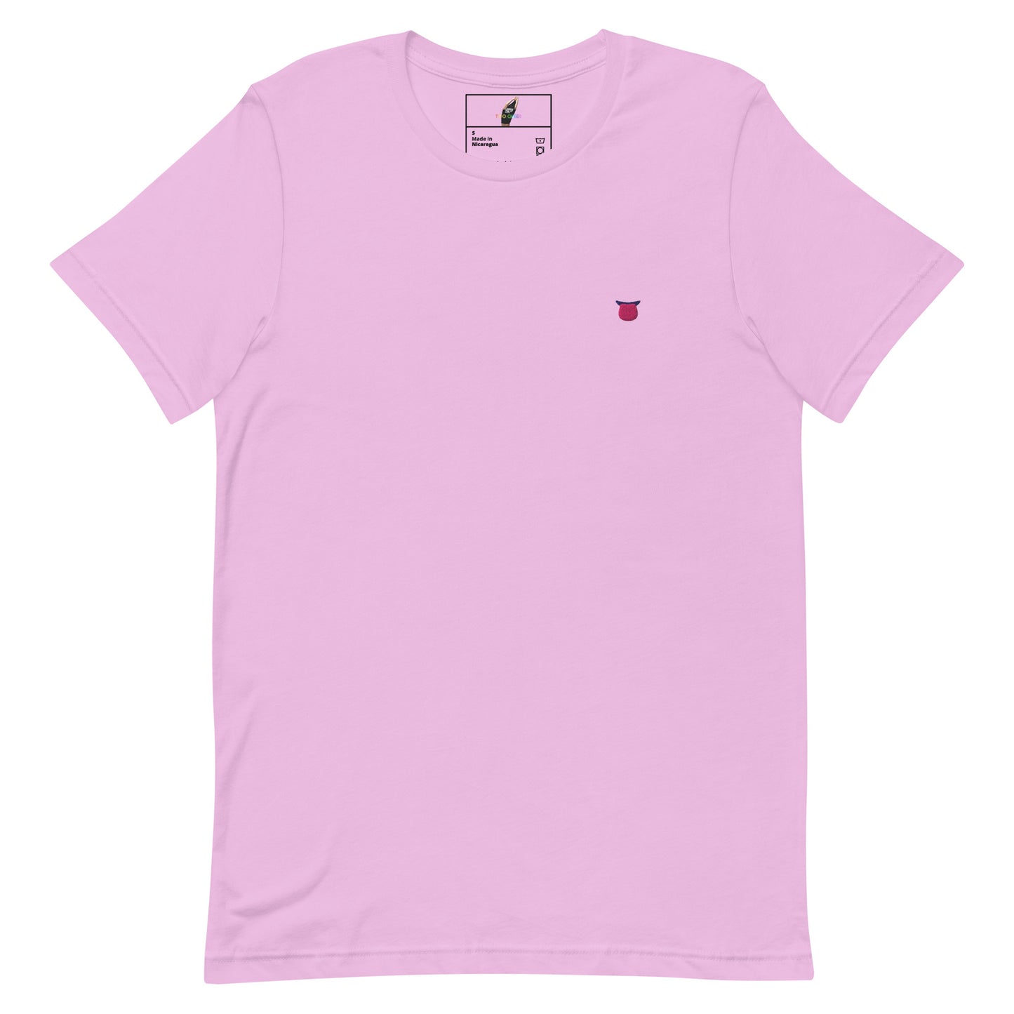 A light pink short-sleeve crewneck t-shirt with a small embroidered red and white graphic on the left chest, displayed flat against a solid white background.