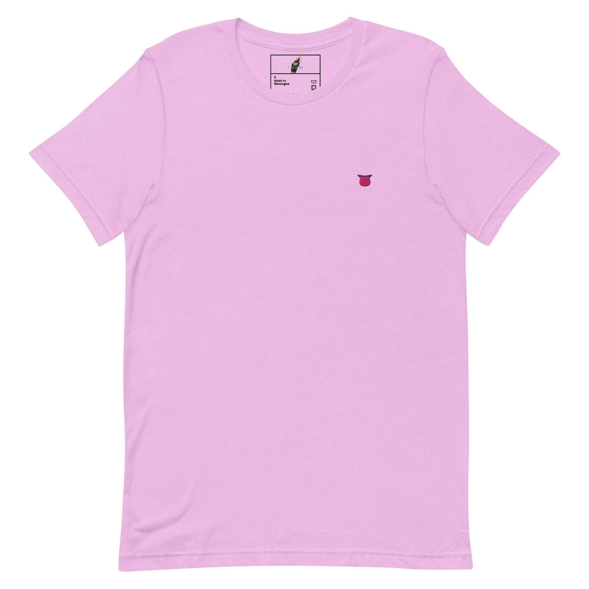 A light pink short-sleeve crewneck t-shirt with a small embroidered red and white graphic on the left chest, displayed flat against a solid white background.