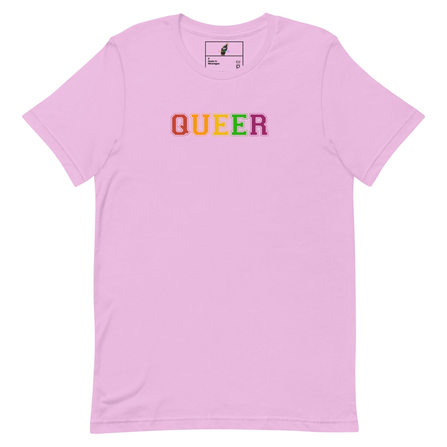 A light pink short-sleeve crewneck t-shirt featuring the word 'QUEER' printed across the chest in rainbow-colored letters, displayed on a clean white background.
