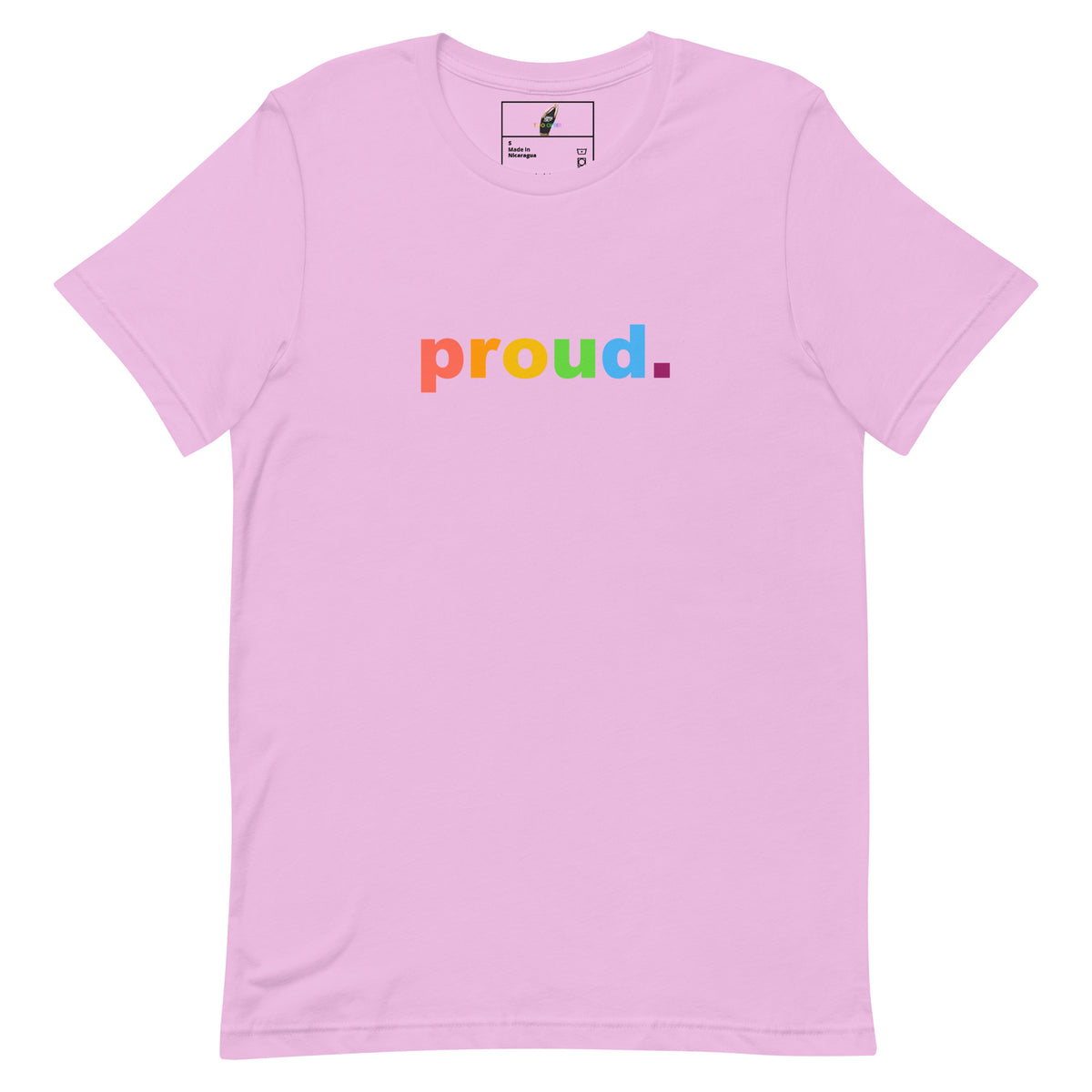 A light pink short-sleeve crewneck t-shirt featuring the word 'proud.' printed across the chest in a rainbow gradient.