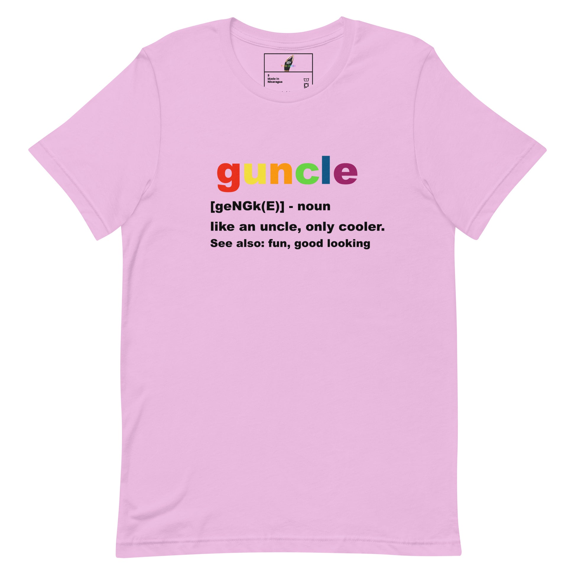 A light pink short-sleeve t-shirt with a colorful graphic on the chest. The graphic features the word 'guncle' in a rainbow gradient, followed by a dictionary-style definition printed in black text: '[geNGk(E)] - noun like an uncle, only cooler.