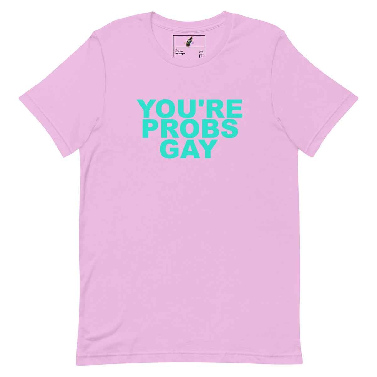 A light pink short-sleeve t-shirt with the phrase 'YOU'RE PROBS GAY' printed in a bright turquoise font across the chest, displayed on a clean white background.