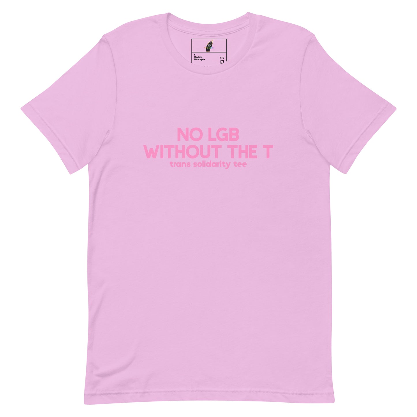 A light pink short-sleeve crewneck t-shirt with pink text on the chest reading 'NO LGB WITHOUT THE T' and 'trans solidarity tee' below it, displayed flat against a white background.