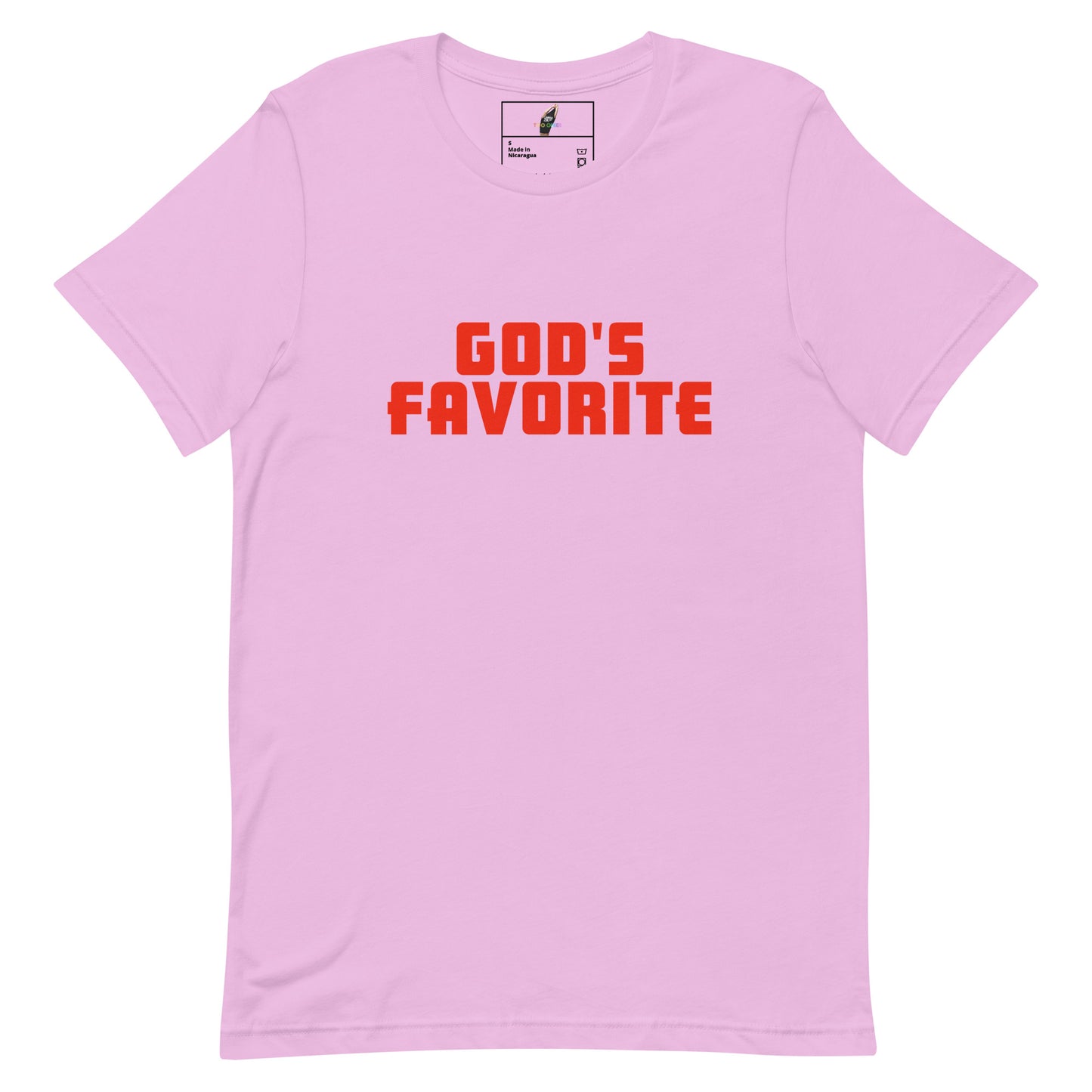A light pink short-sleeve crewneck t-shirt with the phrase 'GOD'S FAVORITE' printed in bold red block letters across the chest, displayed on a clean white background.