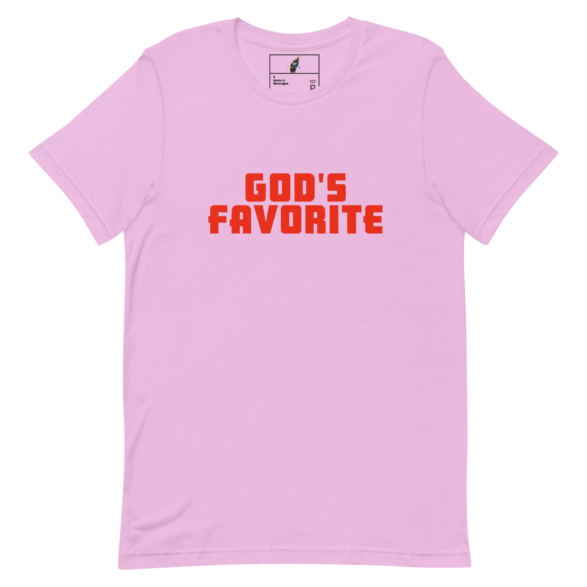 A light pink short-sleeve crewneck t-shirt with the phrase 'GOD'S FAVORITE' printed in bold red block letters across the chest, displayed on a clean white background.