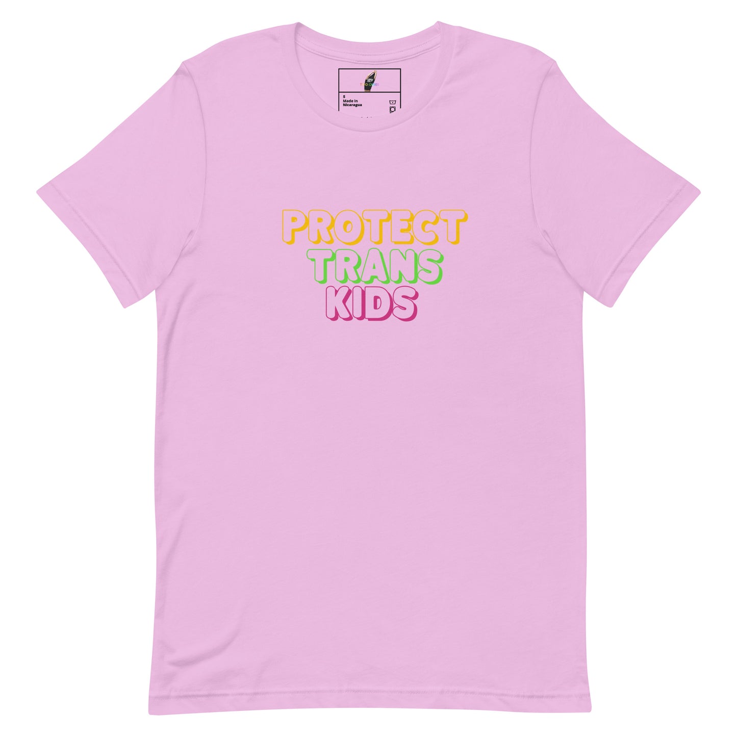 A light pink short-sleeve t-shirt with the text 'PROTECT TRANS KIDS' printed on the chest in yellow, green, and pink lettering, displayed on a clean white background.