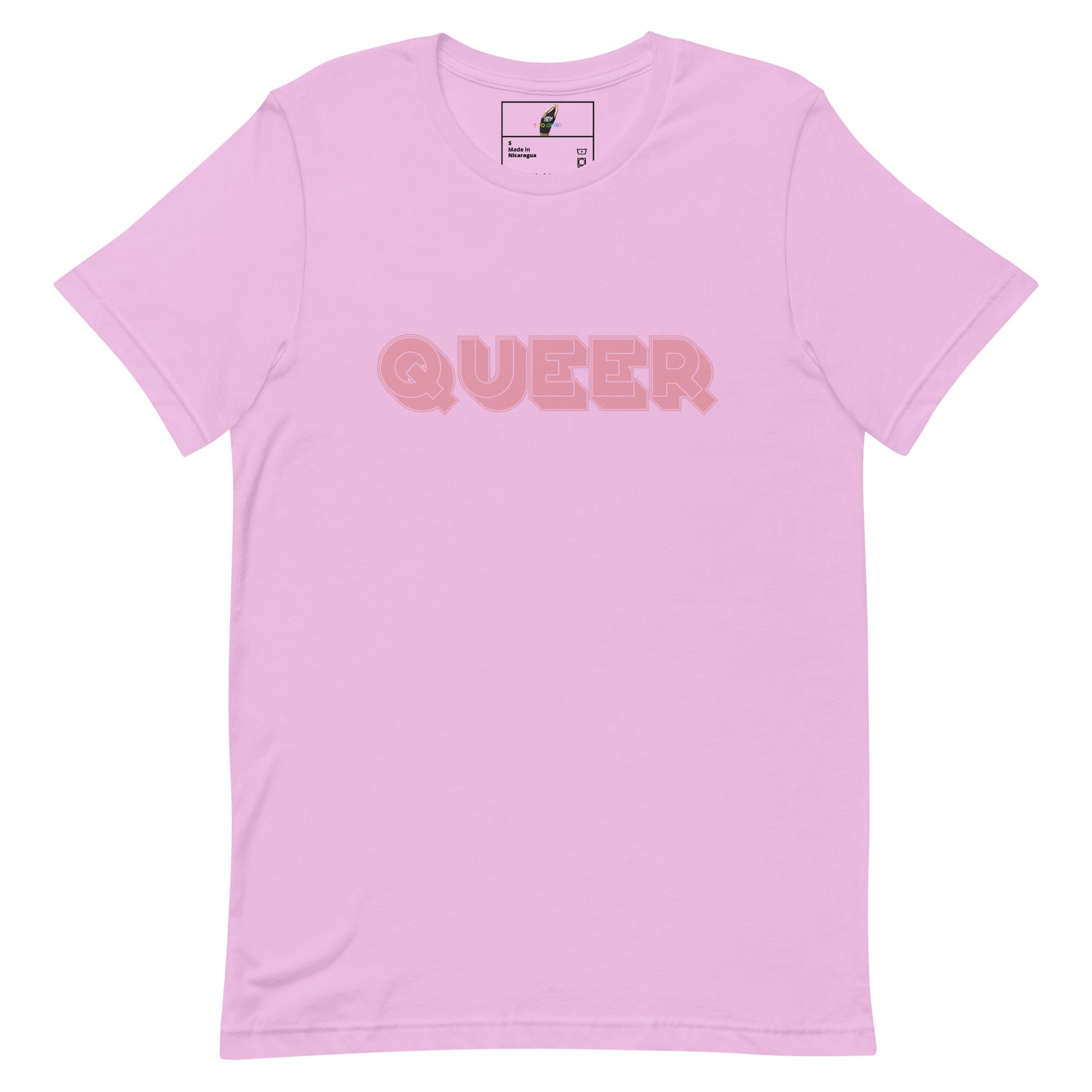 A light pink short-sleeve crewneck t-shirt with the word 'QUEER' printed across the chest in a matching light pink bubble font. The shirt is displayed flat against a solid white background.