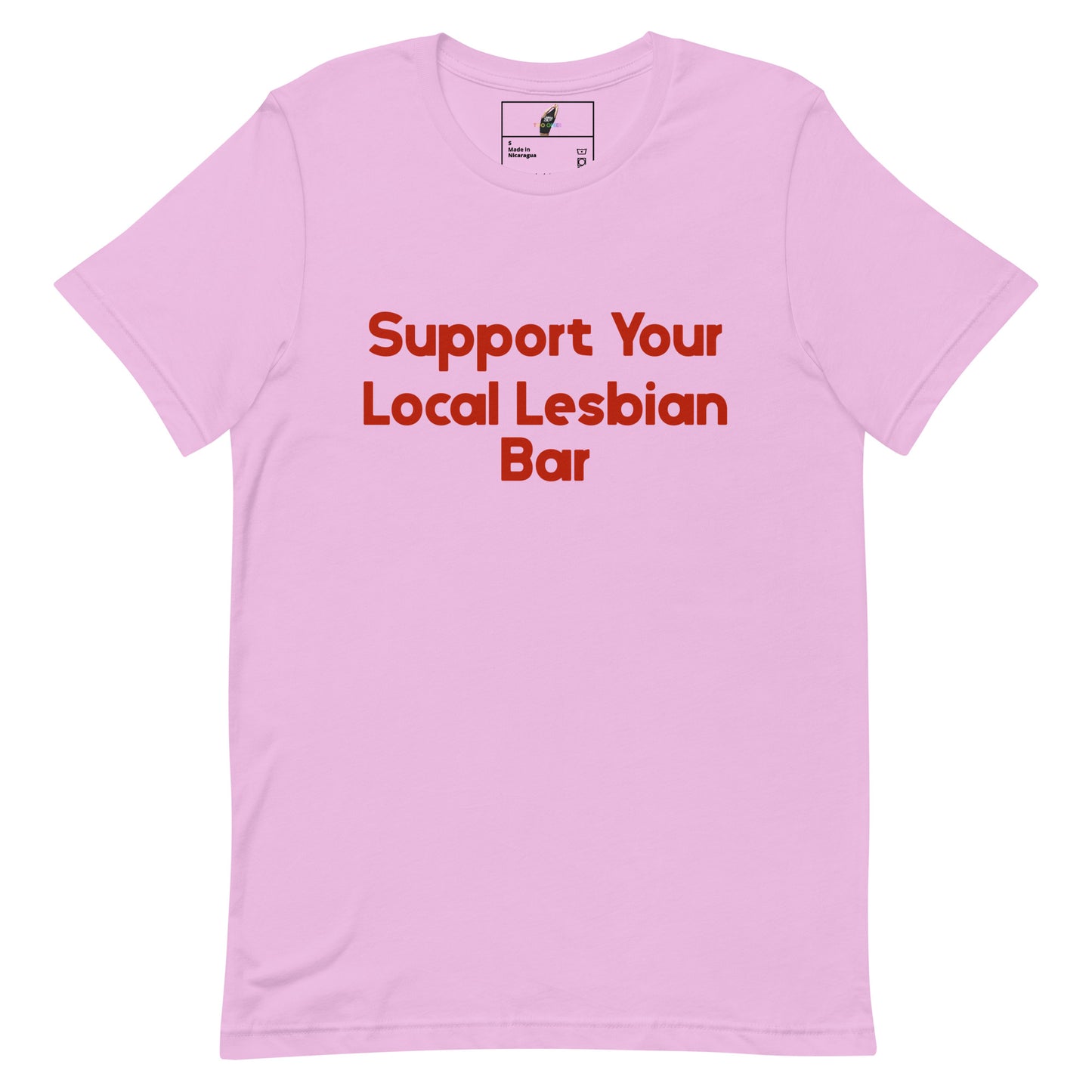 A light pink short-sleeve crewneck t-shirt with the text 'Support Your Local Lesbian Bar' printed in red across the chest, displayed on a solid white background.