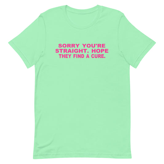 Light green t-shirt with pink text on a white background