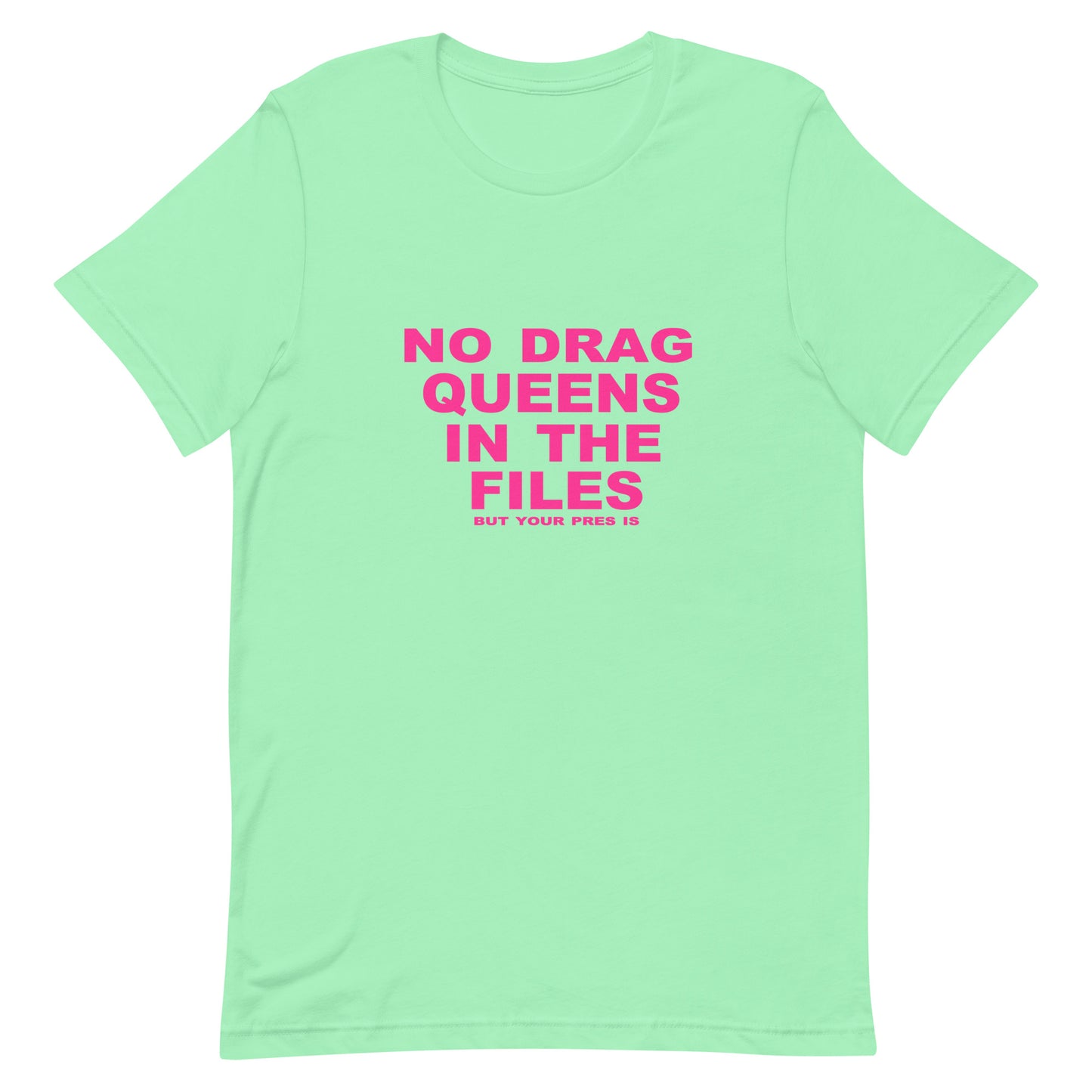 Light green t-shirt with pink text on a white background