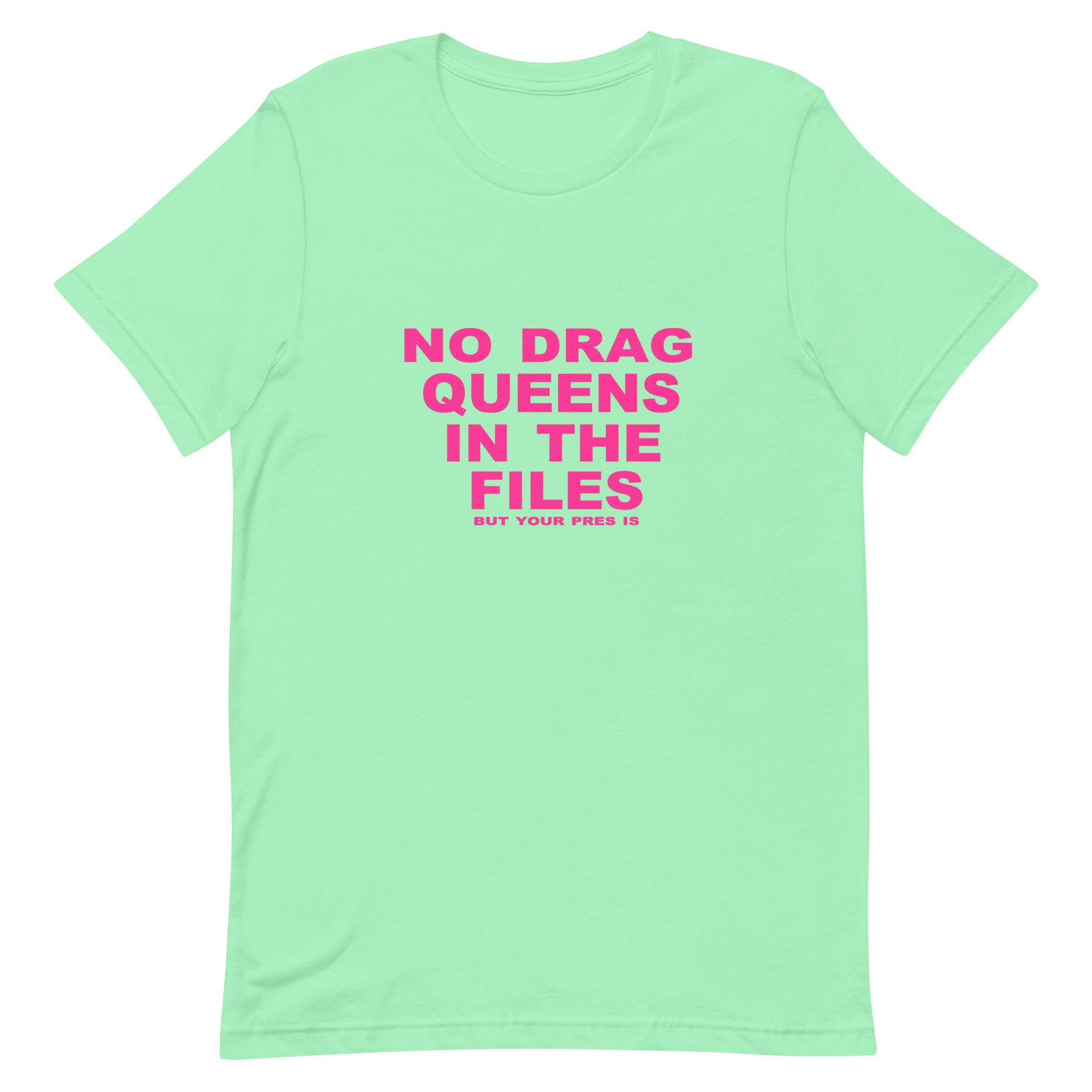 Light green t-shirt with pink text on a white background