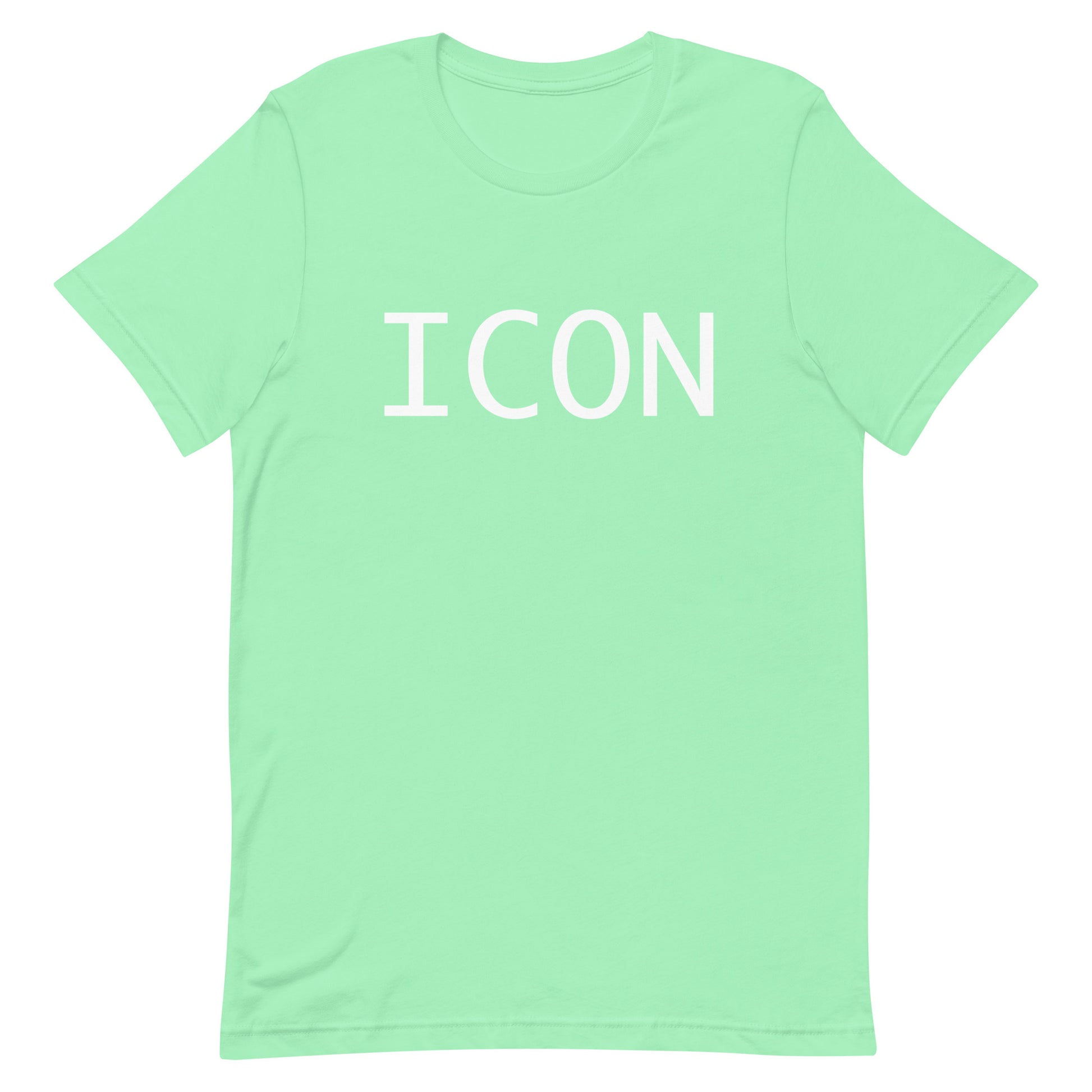 Light green t-shirt with 'ICON' printed on it against a white background