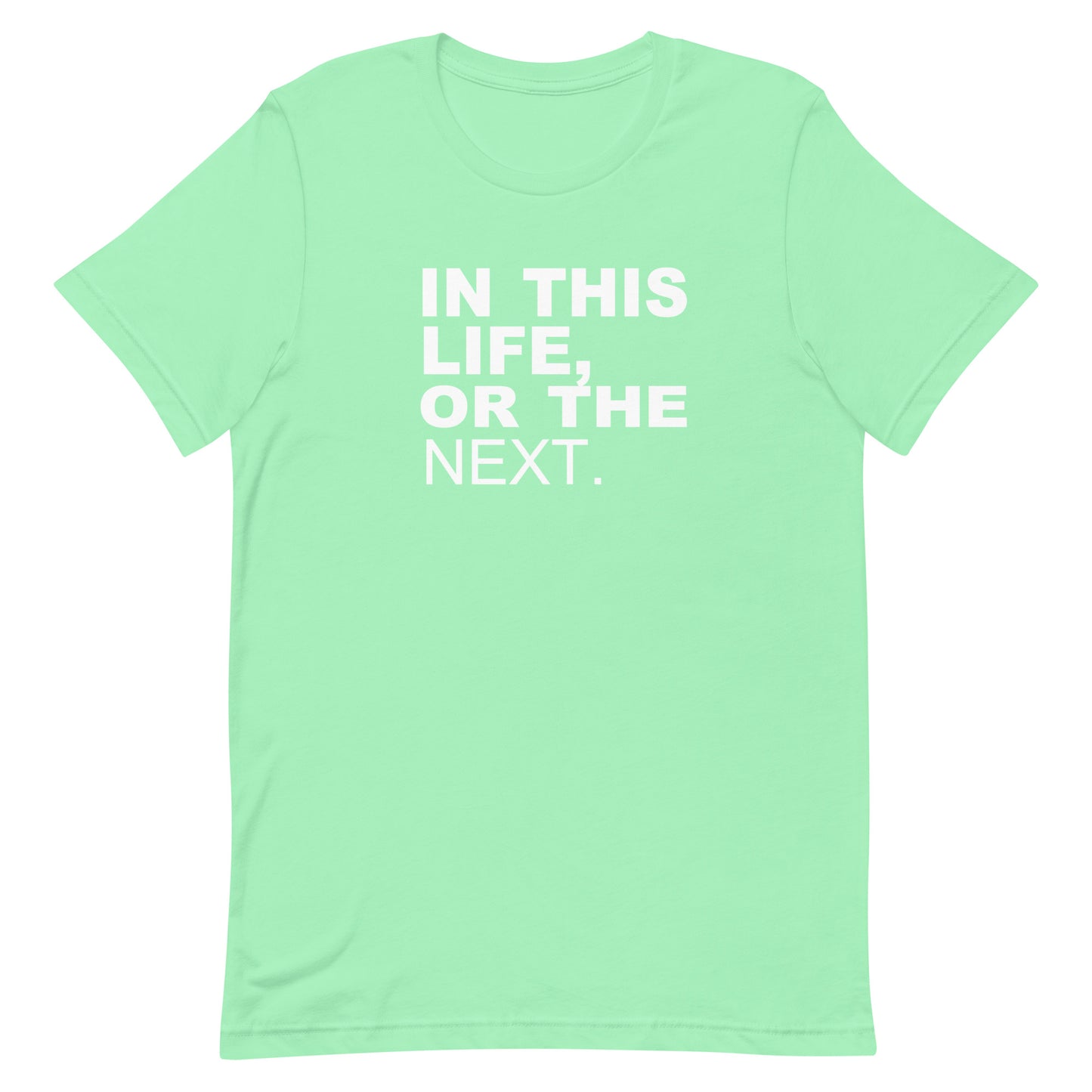 A mint green short-sleeve crewneck t-shirt with the phrase 'IN THIS LIFE, OR THE NEXT.' printed in bold white capital letters on the chest, displayed on a clean white background.