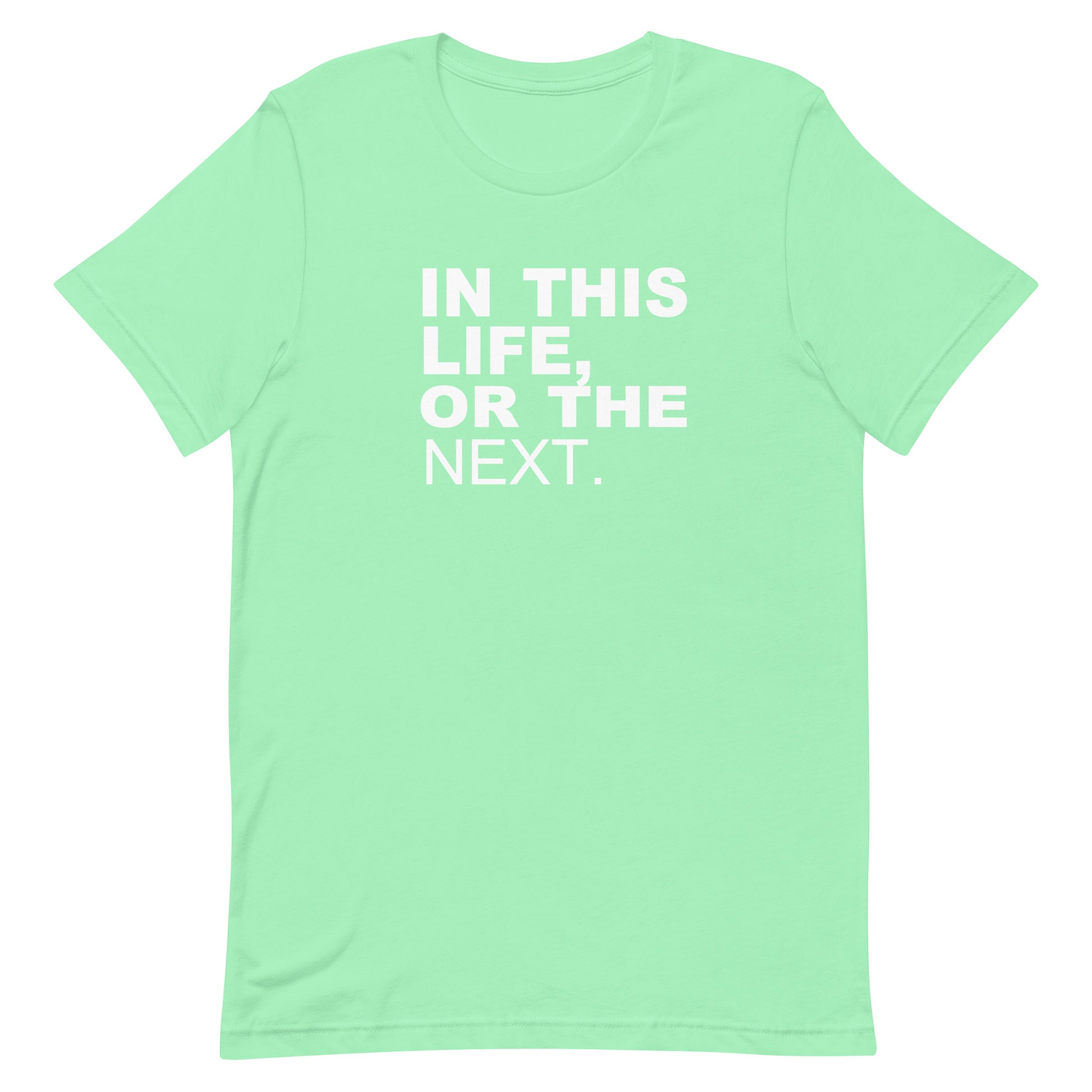 A mint green short-sleeve crewneck t-shirt with the phrase 'IN THIS LIFE, OR THE NEXT.' printed in bold white capital letters on the chest, displayed on a clean white background.