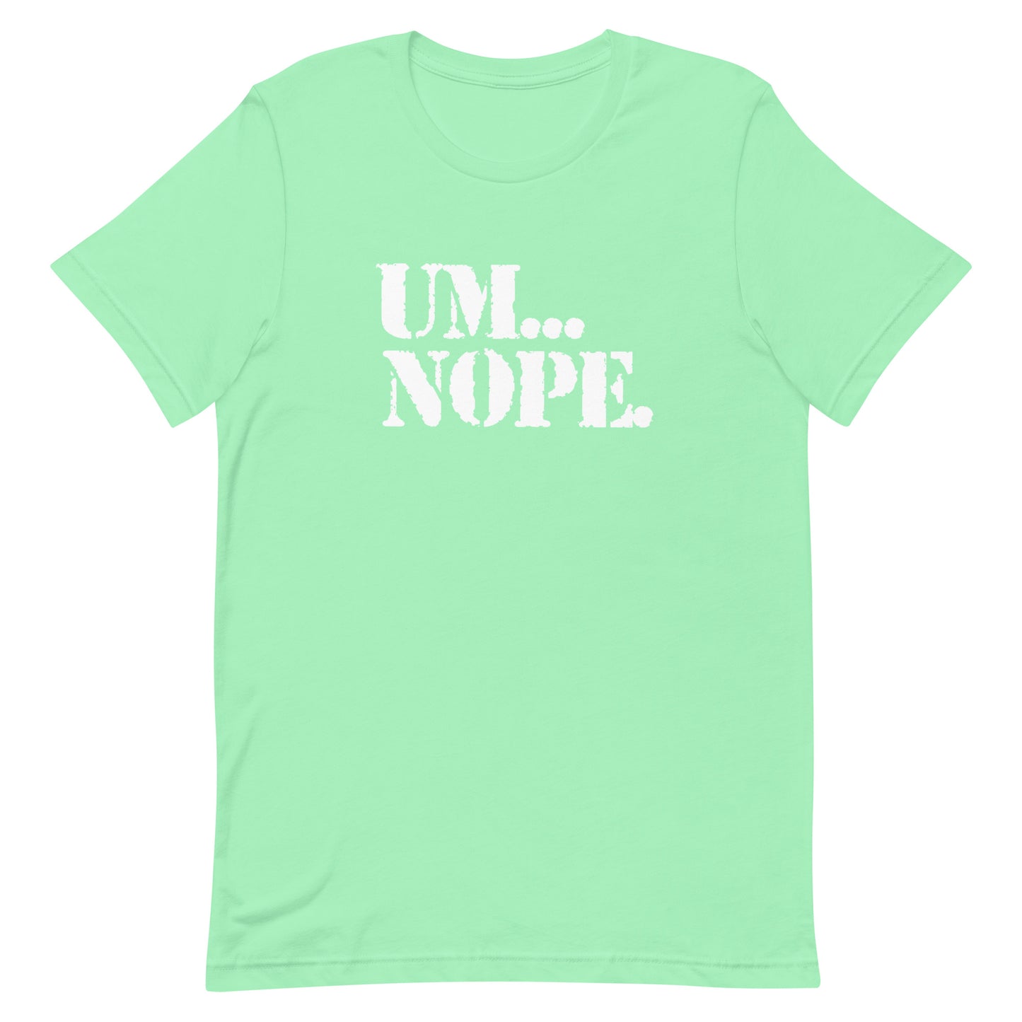 A mint green short-sleeve t-shirt with the text 'UM.