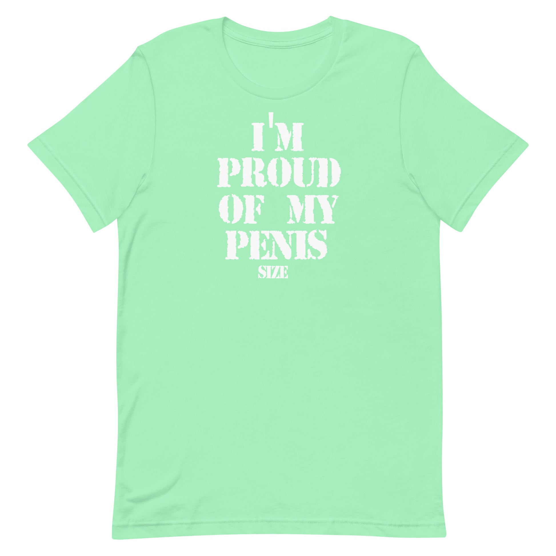 A mint green short-sleeve t-shirt with white text on the front reading 'I'M PROUD OF MY PENIS SIZE', displayed flat against a plain white background.