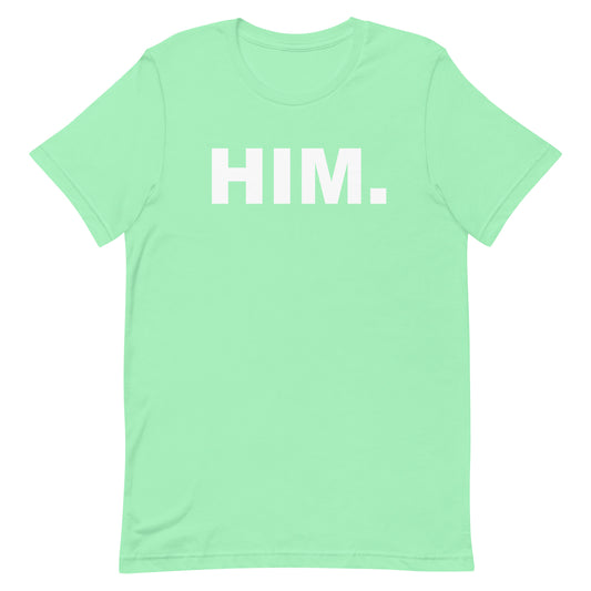 A mint green short-sleeve crewneck t-shirt with the word 'HIM.' printed in bold white capital letters across the chest, displayed on a solid white background.