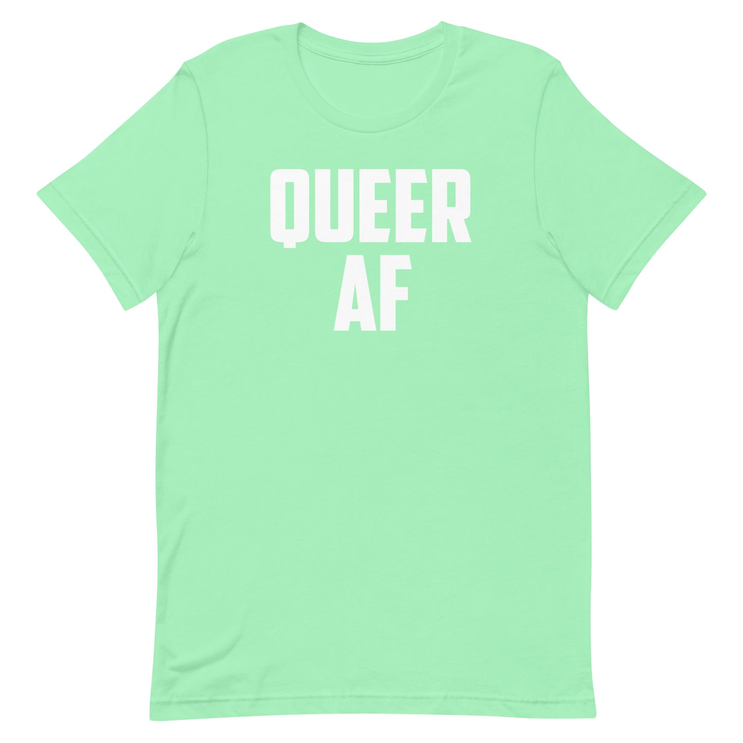 A mint green short-sleeve t-shirt with the words 'QUEER AF' printed in bold white block letters across the chest, displayed on a solid white background.