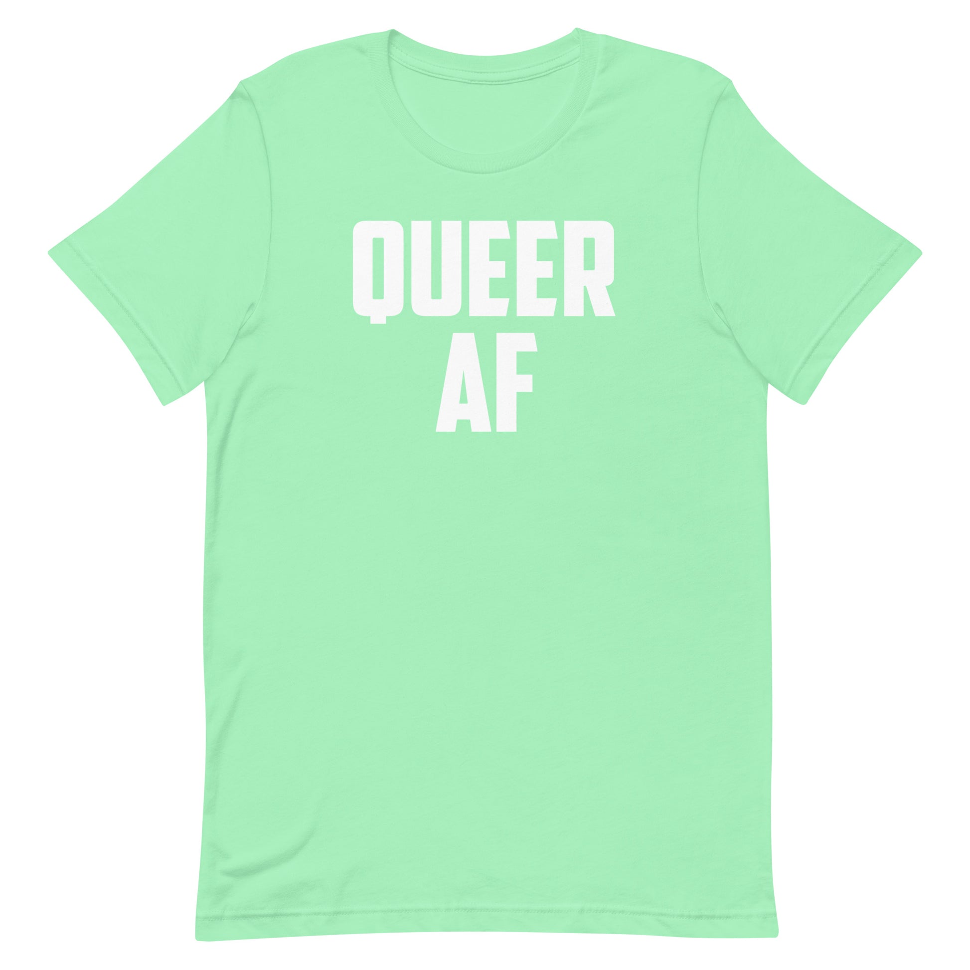 A mint green short-sleeve t-shirt with the words 'QUEER AF' printed in bold white block letters across the chest, displayed on a solid white background.