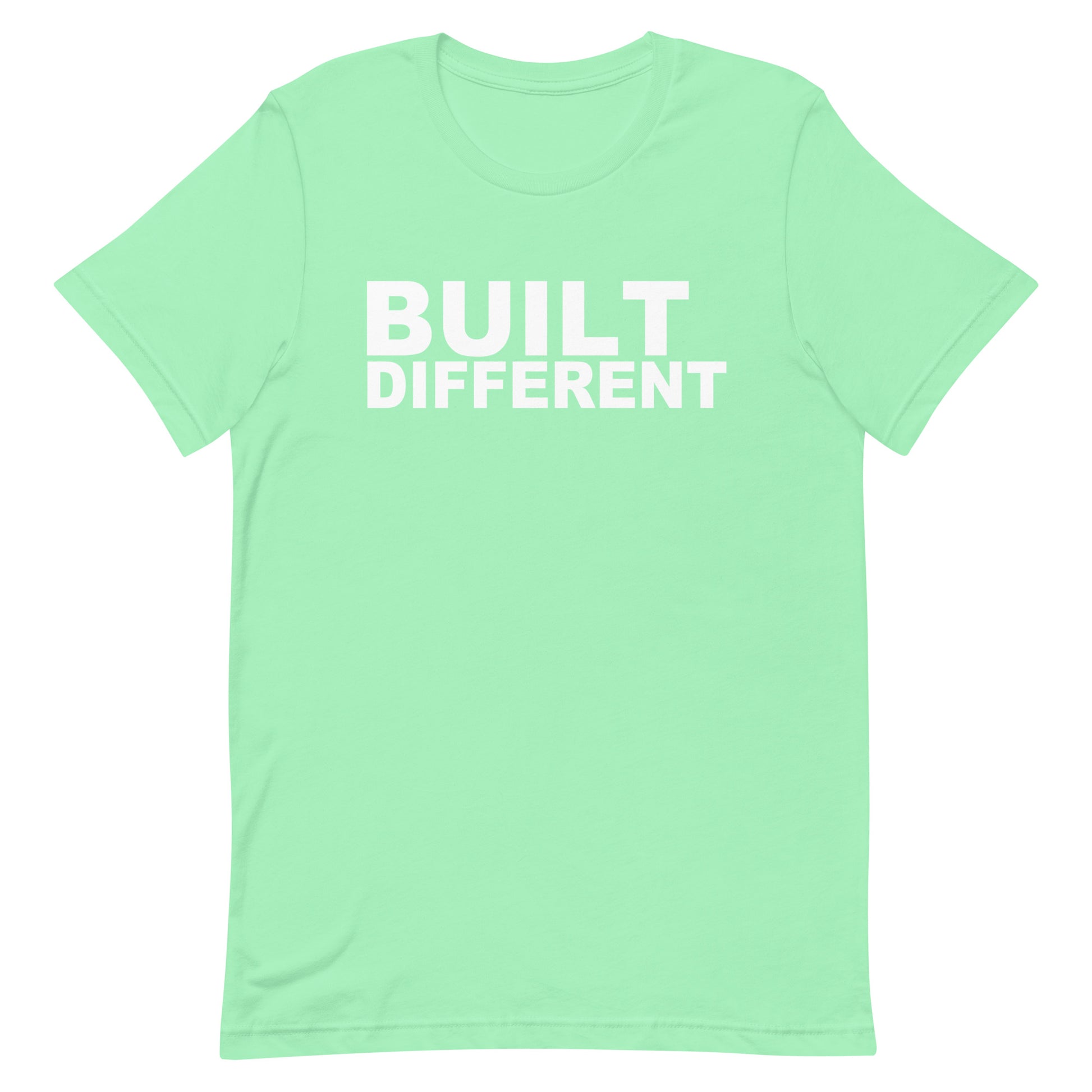 A mint green short-sleeve crewneck t-shirt with the words 'BUILT DIFFERENT' printed in bold white capital letters across the chest, displayed on a clean white background.