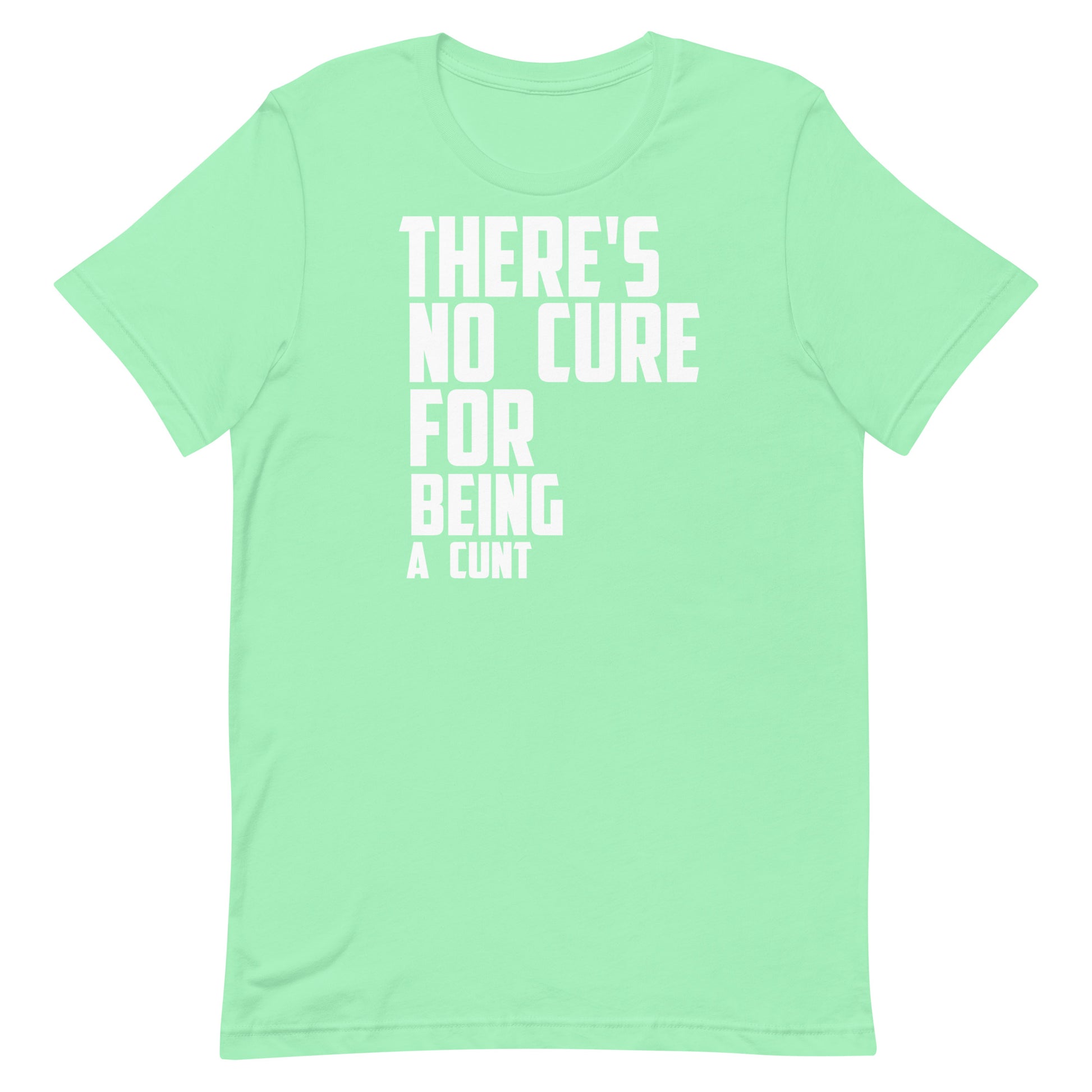 A mint green short-sleeve t-shirt with bold white text on the front reading 'THERE'S NO CURE FOR BEING A CUNT'.
