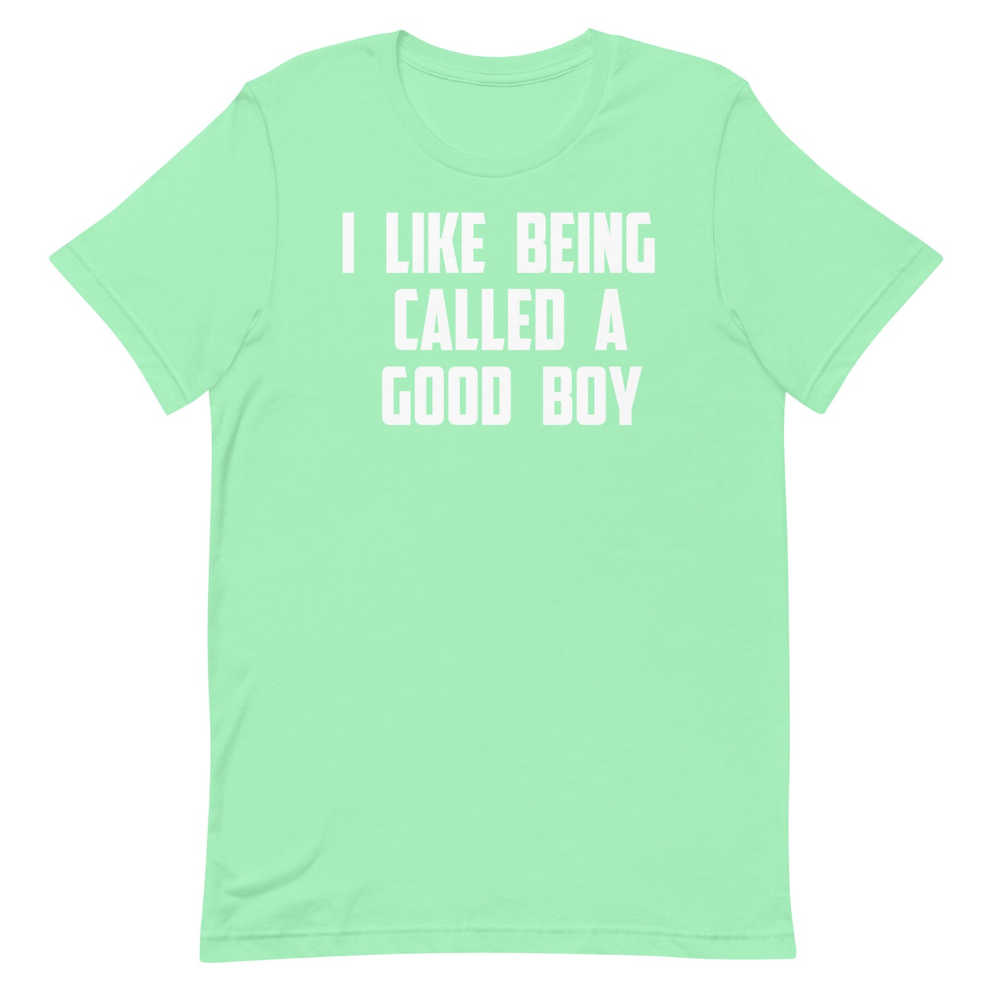A mint green short-sleeve t-shirt with bold white text on the front that reads 'I LIKE BEING CALLED A GOOD BOY'.