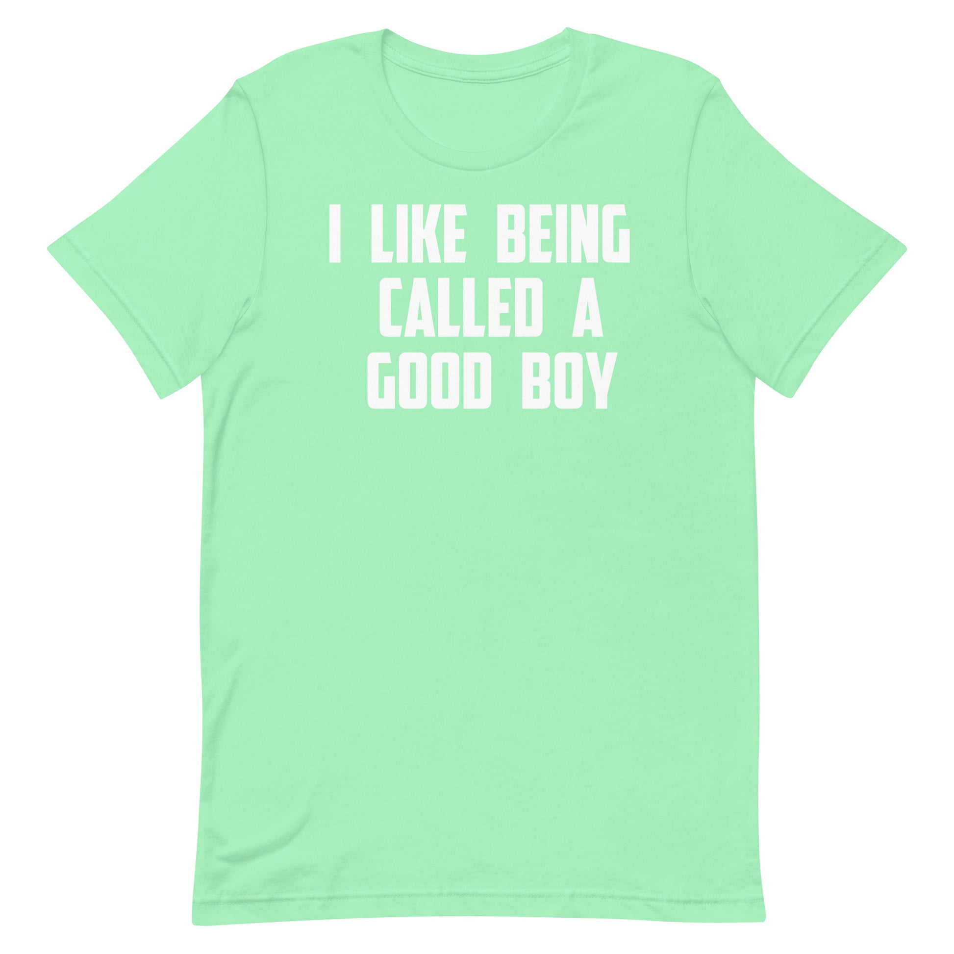 A mint green short-sleeve t-shirt with bold white text on the front that reads 'I LIKE BEING CALLED A GOOD BOY'.