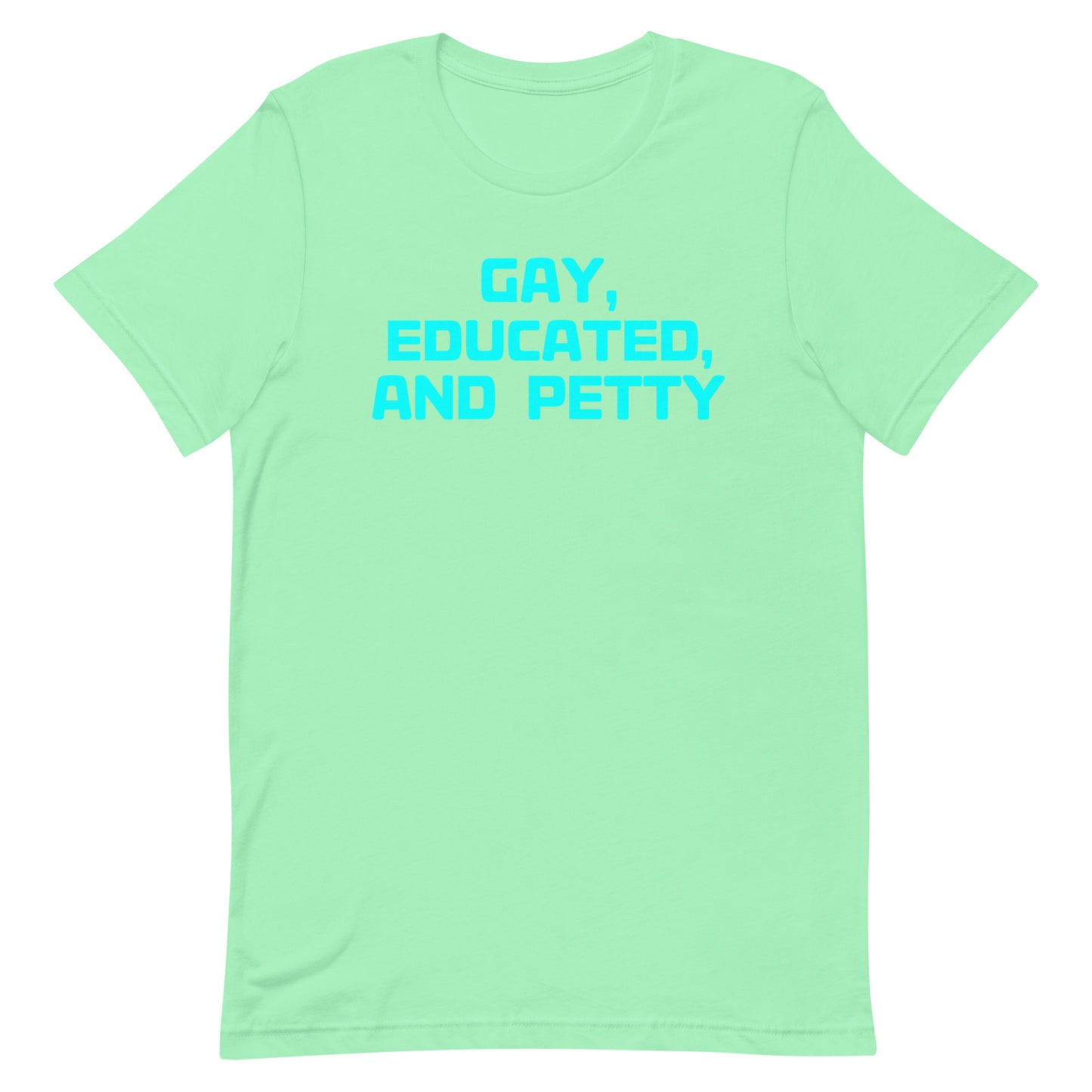 A mint green short-sleeve t-shirt with the text 'GAY, EDUCATED, AND PETTY' printed in bright cyan across the chest, displayed on a solid white background.