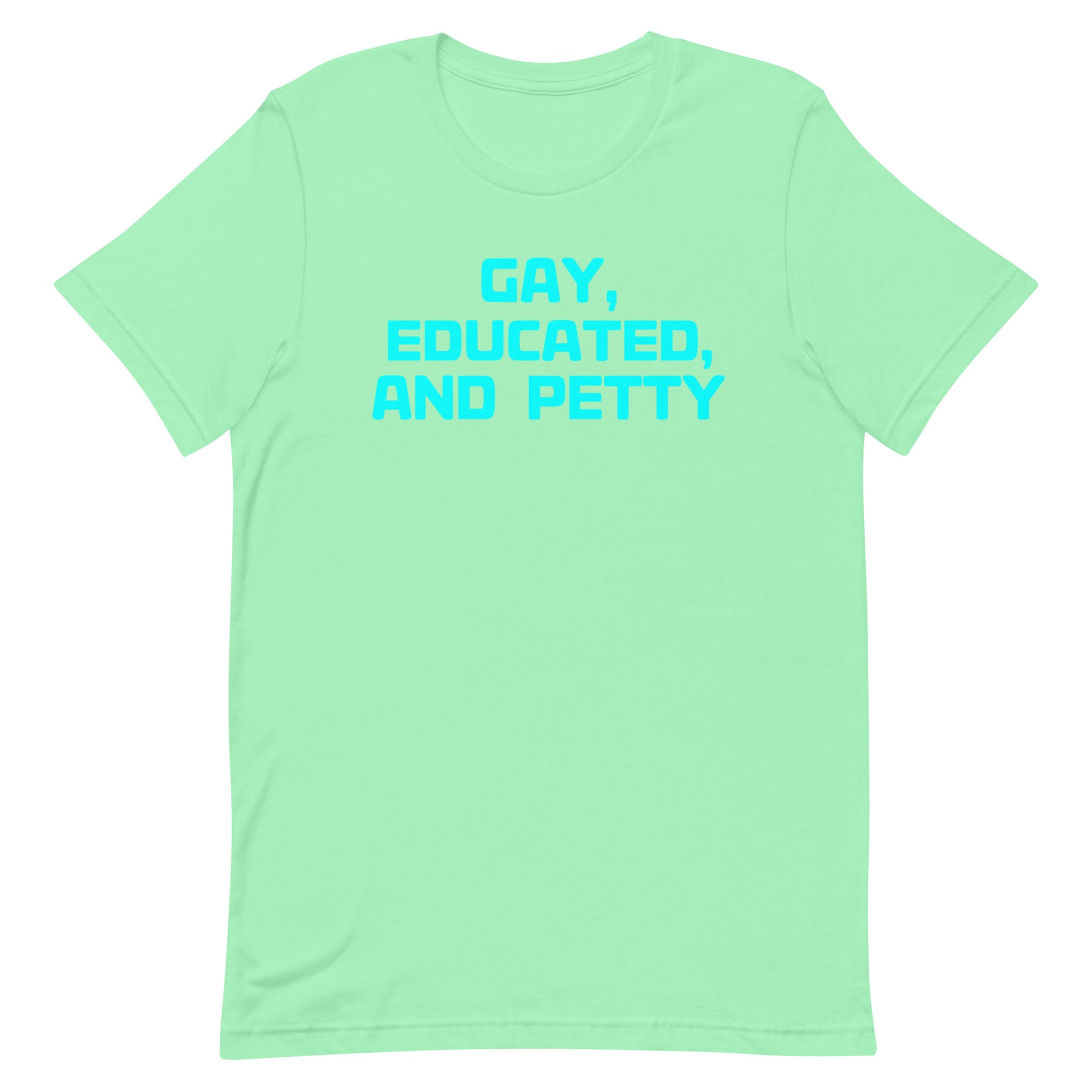 A mint green short-sleeve t-shirt with the text 'GAY, EDUCATED, AND PETTY' printed in bright cyan across the chest, displayed on a solid white background.