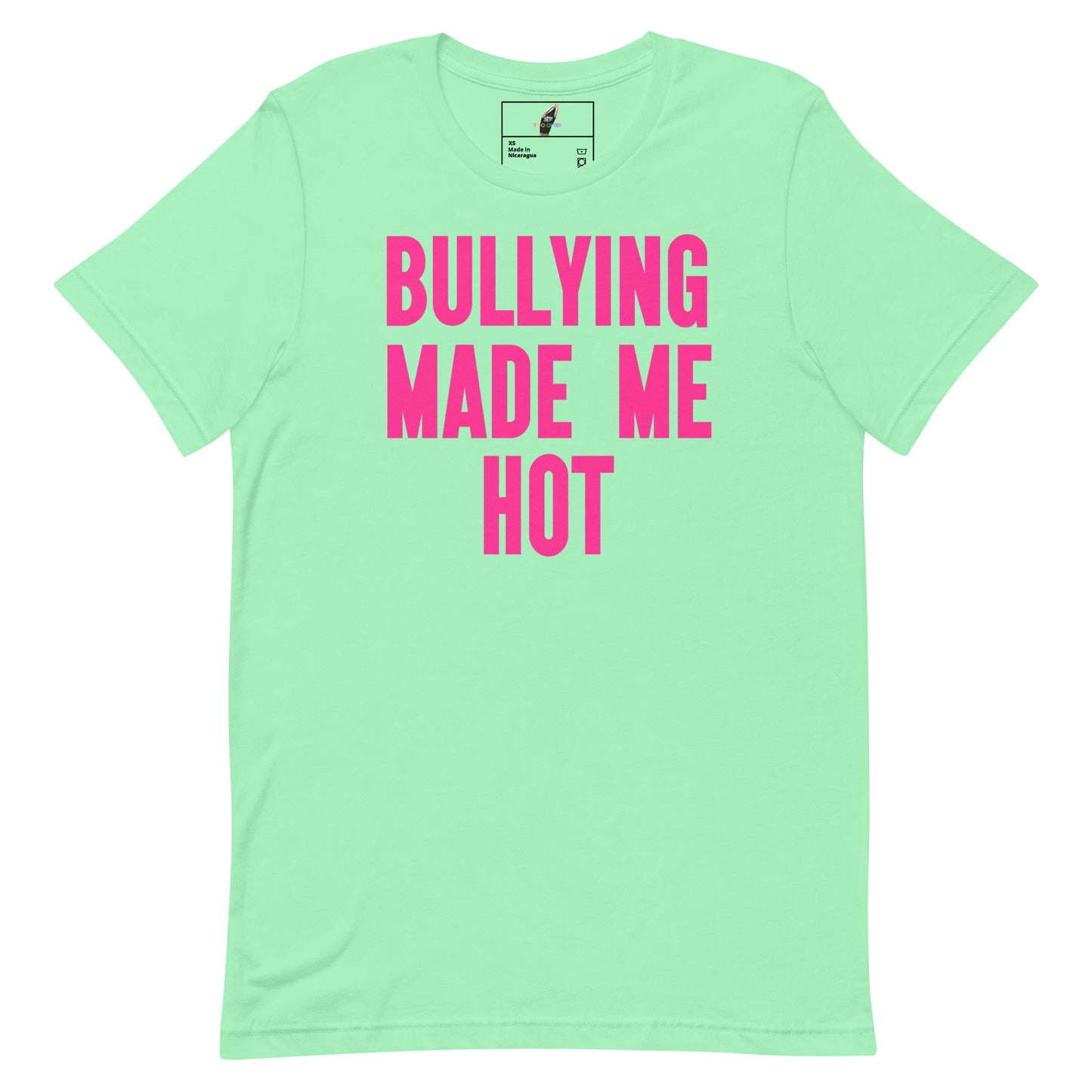 A mint green short-sleeve t-shirt with the phrase 'BULLYING MADE ME HOT' printed in bold pink capital letters on the front, displayed against a solid white background.
