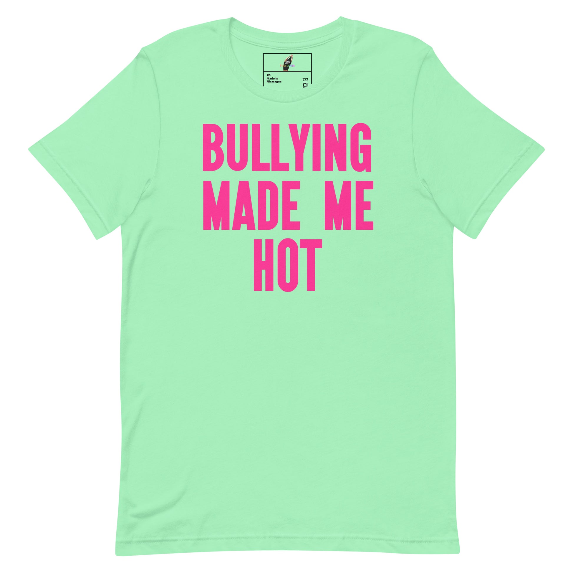 A mint green short-sleeve t-shirt with the phrase 'BULLYING MADE ME HOT' printed in bold pink capital letters on the front, displayed against a solid white background.