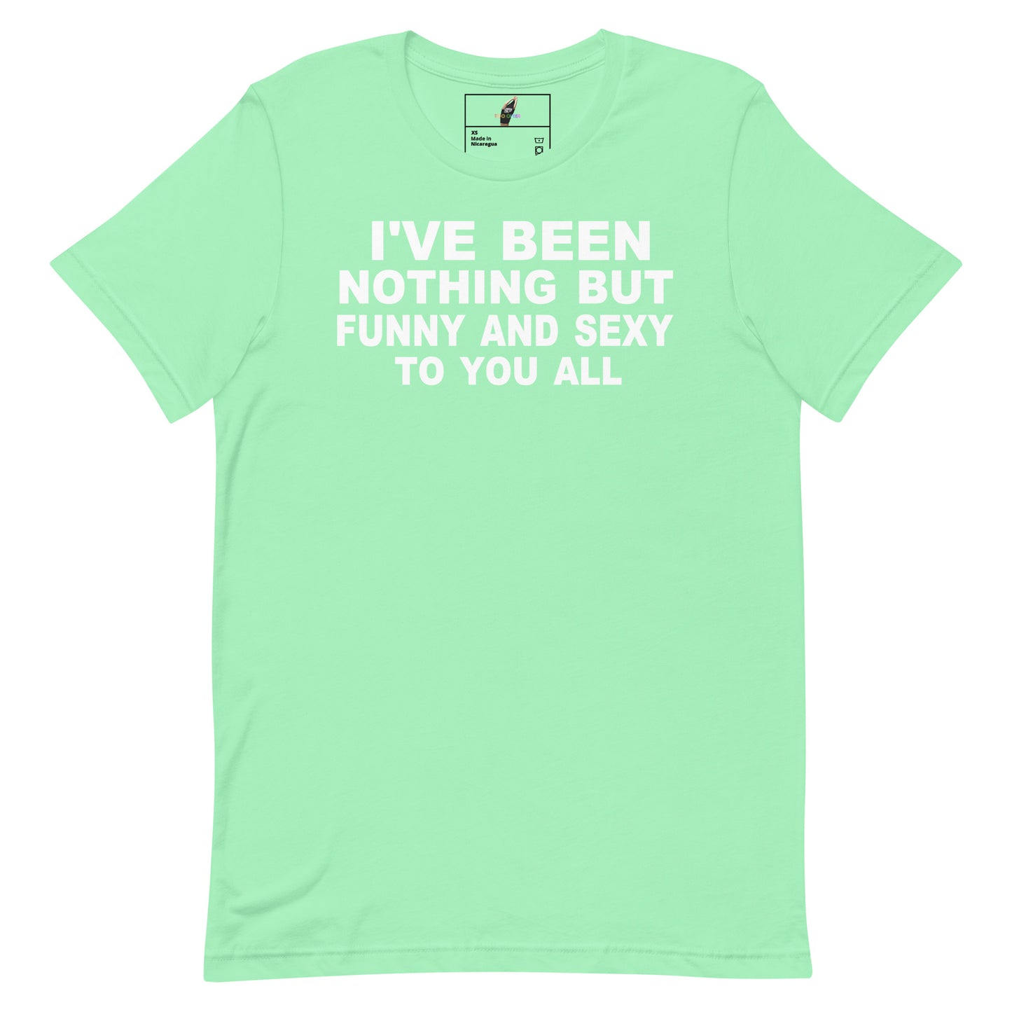 A mint green short-sleeve t-shirt with bold white text on the front reading 'I'VE BEEN NOTHING BUT FUNNY AND SEXY TO YOU ALL'. The shirt is displayed flat against a solid white background, with a small brand label visible inside the collar.