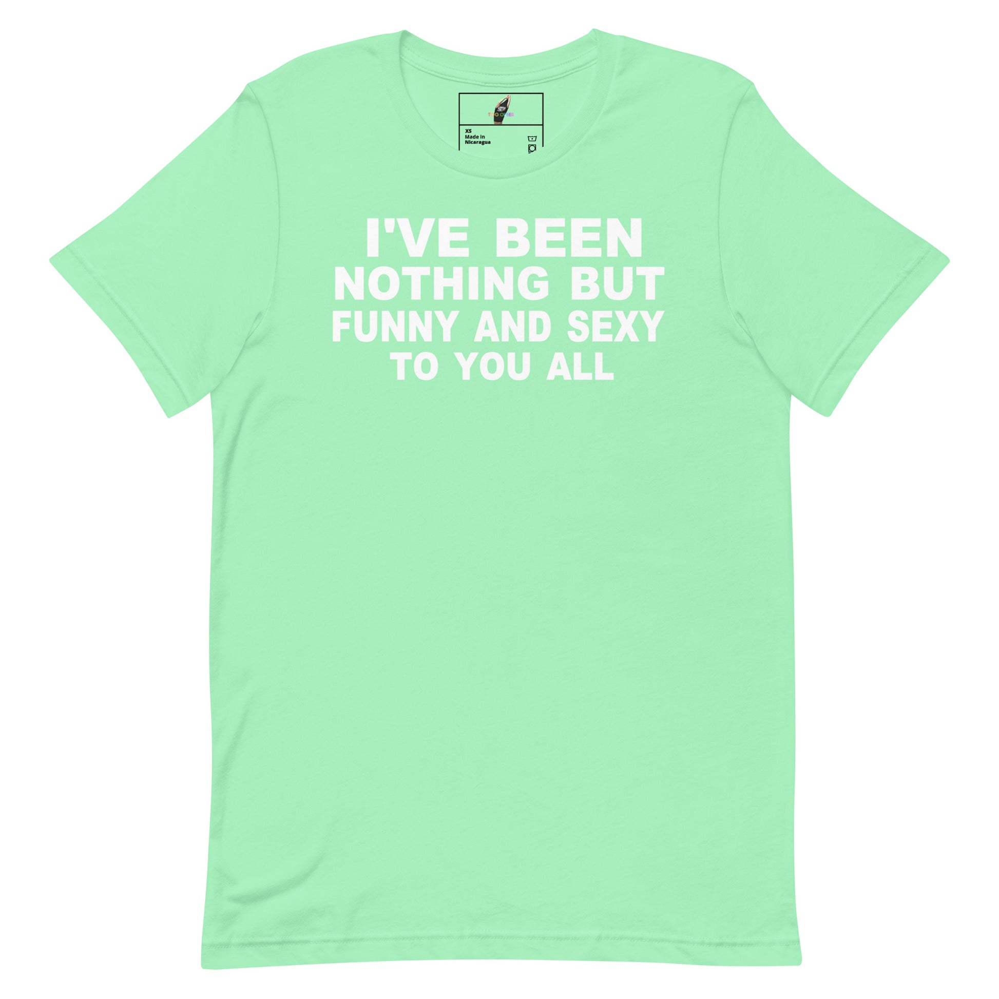 A mint green short-sleeve t-shirt with bold white text on the front reading 'I'VE BEEN NOTHING BUT FUNNY AND SEXY TO YOU ALL'. The shirt is displayed flat against a solid white background, with a small brand label visible inside the collar.