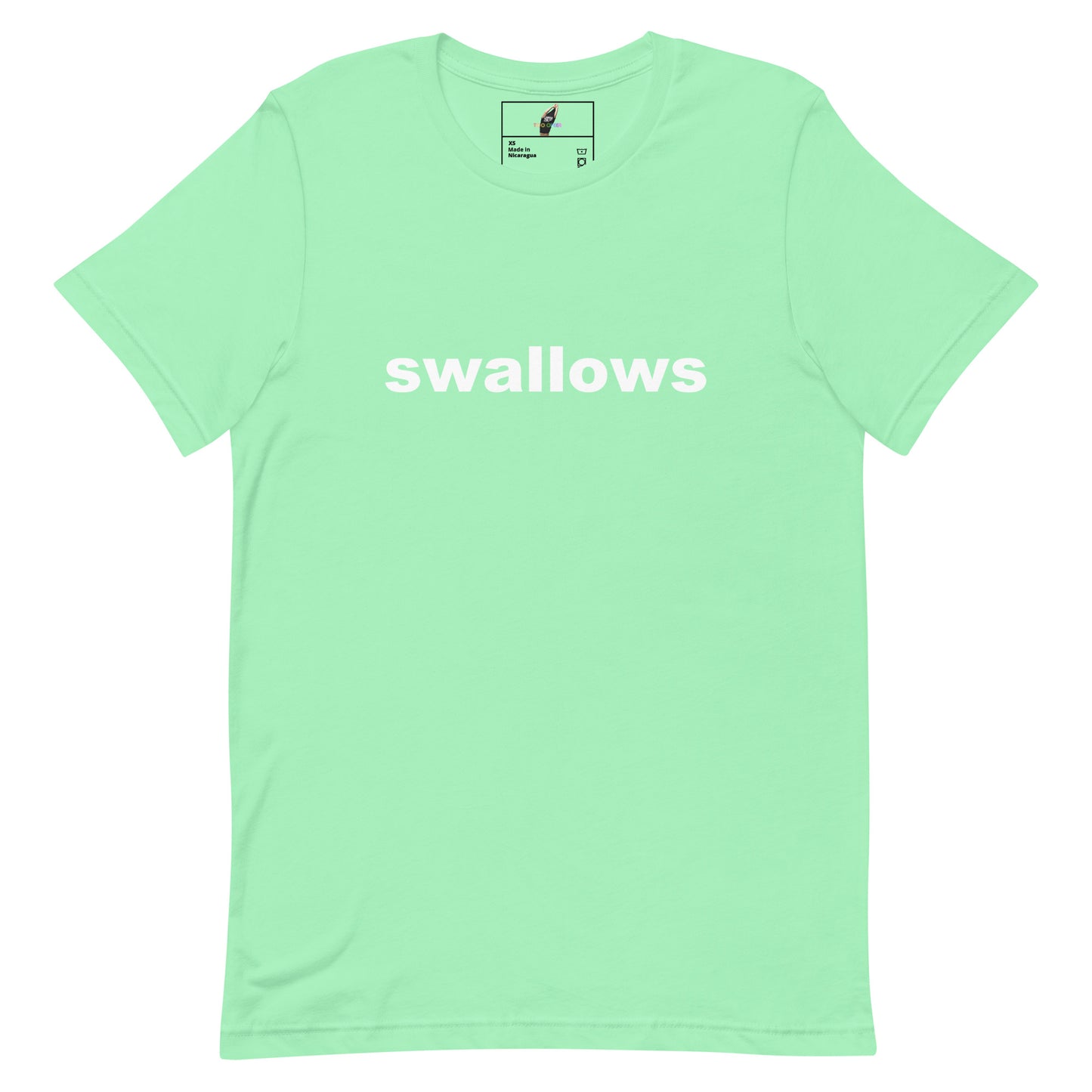 A mint green short-sleeve crewneck t-shirt with the word 'swallows' printed in white across the chest, displayed flat against a solid white background.