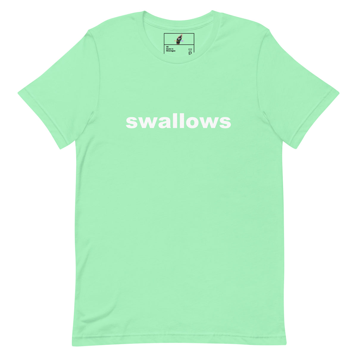 A mint green short-sleeve crewneck t-shirt with the word 'swallows' printed in white across the chest, displayed flat against a solid white background.