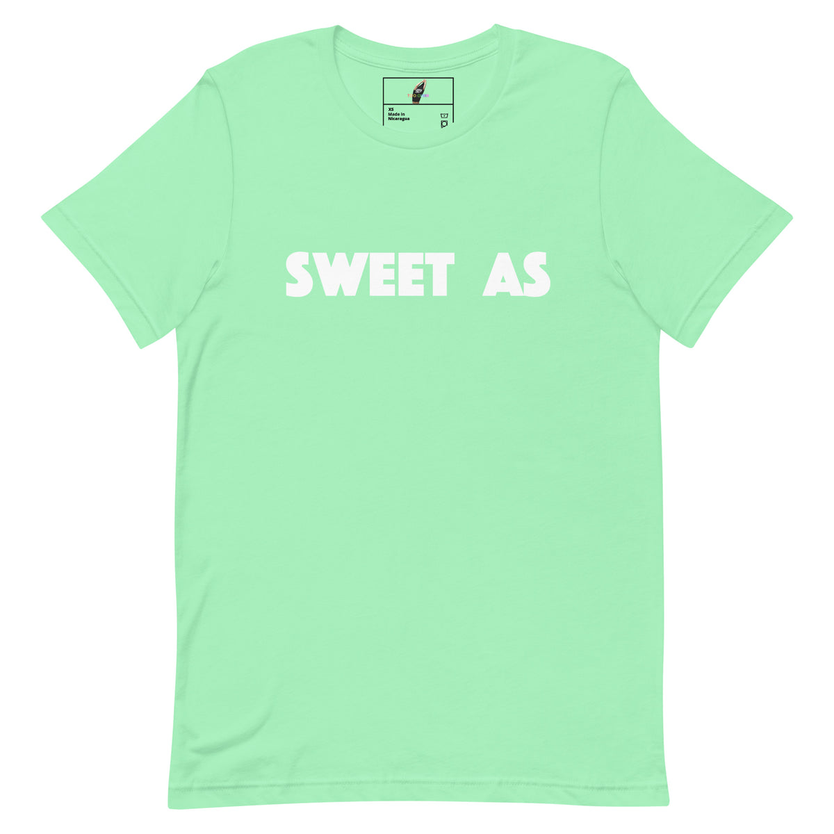 A mint green short-sleeve crewneck t-shirt with the words 'SWEET AS' printed in bold white capital letters across the chest, displayed flat against a solid white background.