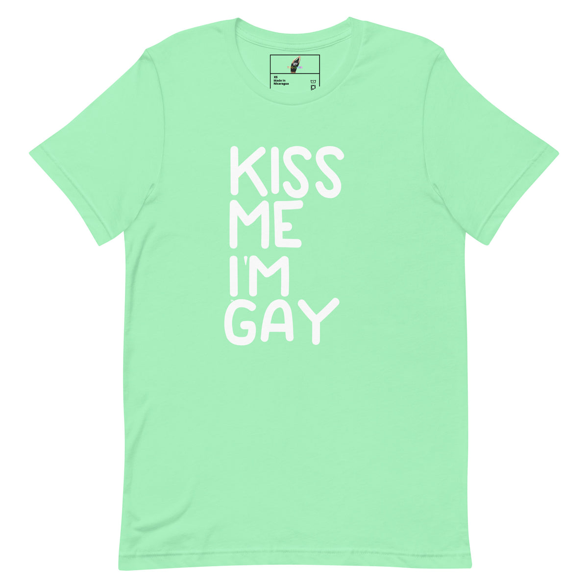 A mint green short-sleeve t-shirt with the phrase 'KISS ME I'M GAY' printed vertically in bold white letters on the front.