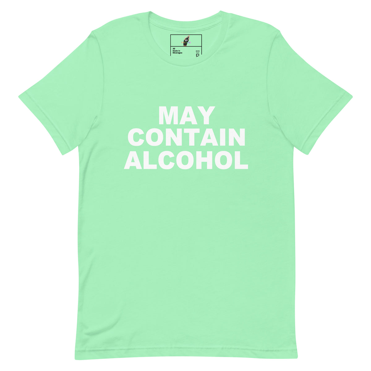 A mint green short-sleeve t-shirt with the phrase 'MAY CONTAIN ALCOHOL' printed in bold white capital letters across the chest, displayed flat against a solid white background.